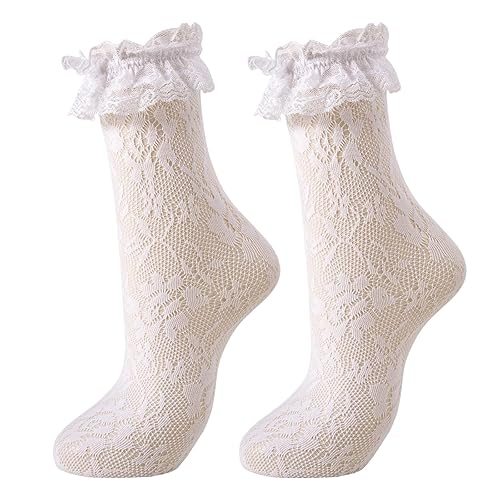 MKYSZLT Womens Lace Ruffle Socks Frilly Dress Socks Sexy Mesh Lace Trim Lolita Sock Lacy Ruffled Boot Ankle Sock for Woman - White - 2 Pairs