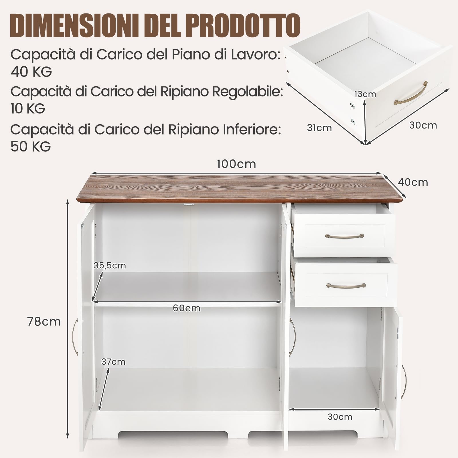 COSTWAY Credenza Buffet, Armadio di Stoccaggio Moderno con 2 Ante e 2 Cassetti, Ripiano Regolabile, per Cucina, Sala da Pranzo, 100 x 40 x 78 cm (Bianco)