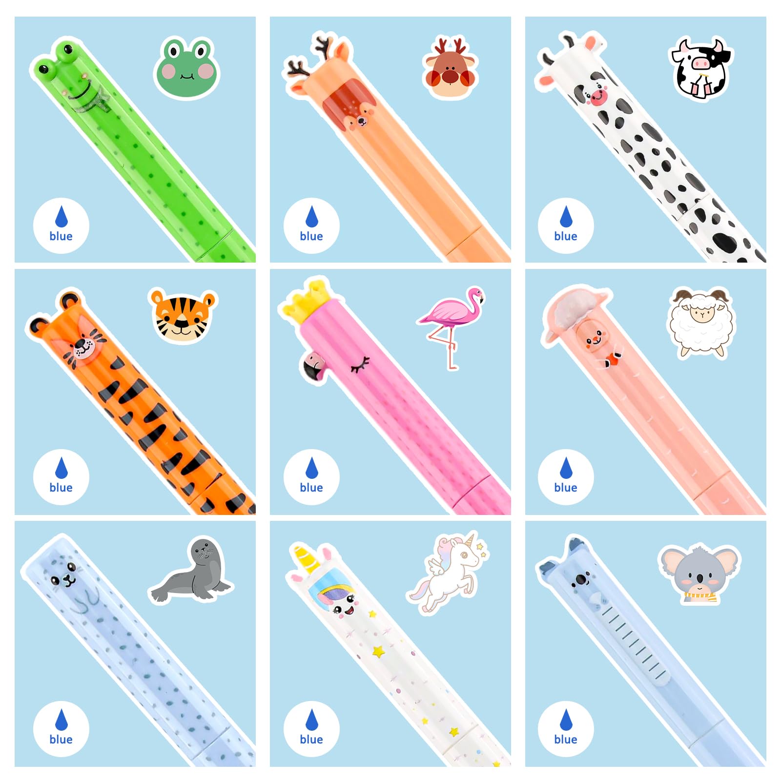 9 penne gel cancellabili a forma di animale con punta da 0,7 mm, inchiostro blu, penne gel per scrittura fluida, riscrivibili, set di penne termiche per scuola, ufficio, appunti, cancelleria