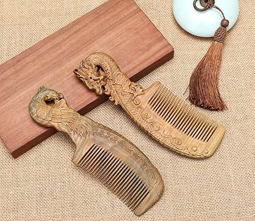 Miniatura 5 de Peine de pelo de dientes finos de sándalo verde natural con asa, hecho a mano de doble cara, tallado antiestático, sin enganches, peines de madera