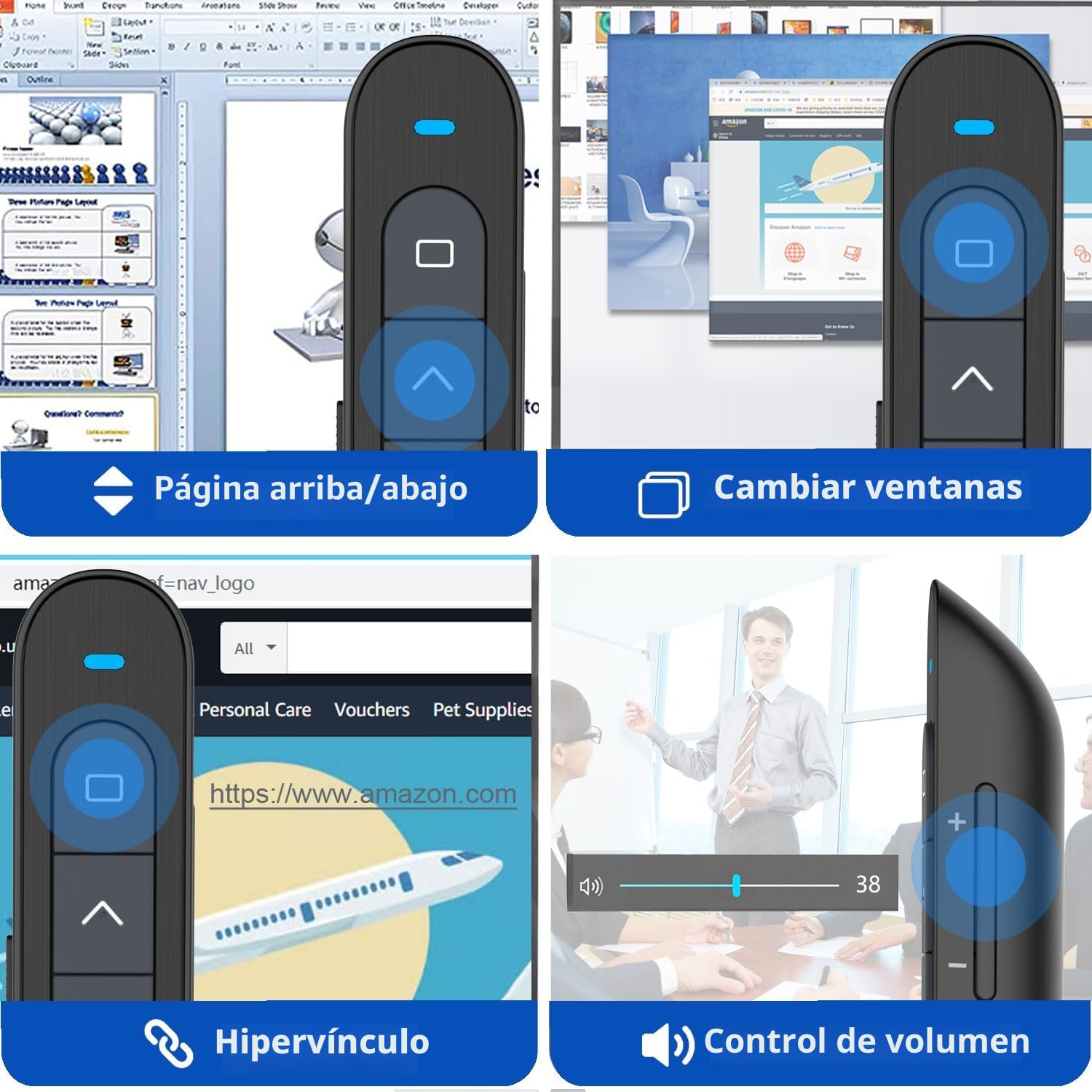 Puntero Presentaciones con Hipervínculo y Volumen, 2,4 GHz Presentador Inalambrico Pasador Diapositivas Mando Distancia Powerpoint Remote Presenter para Computadora PPT Windows Linux Vista