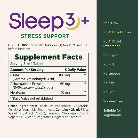 Nature's Bounty Stress Support Plus Melatonin, 56 Tri-Layered Tablets | Sleep3 Maximum Strength 100% Drug Free Sleep Aid, Dietary Supplement with Ashwagandha, Time Release Technology, 10mg