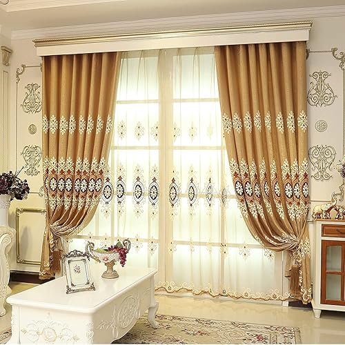 Miniatura 2 de ELKCA Cortinas bordadas de jacquard para dormitorio, cortinas amarillas de lujo, para sala de estar, con ojales, 2 paneles (amarillo, 52.0 in de