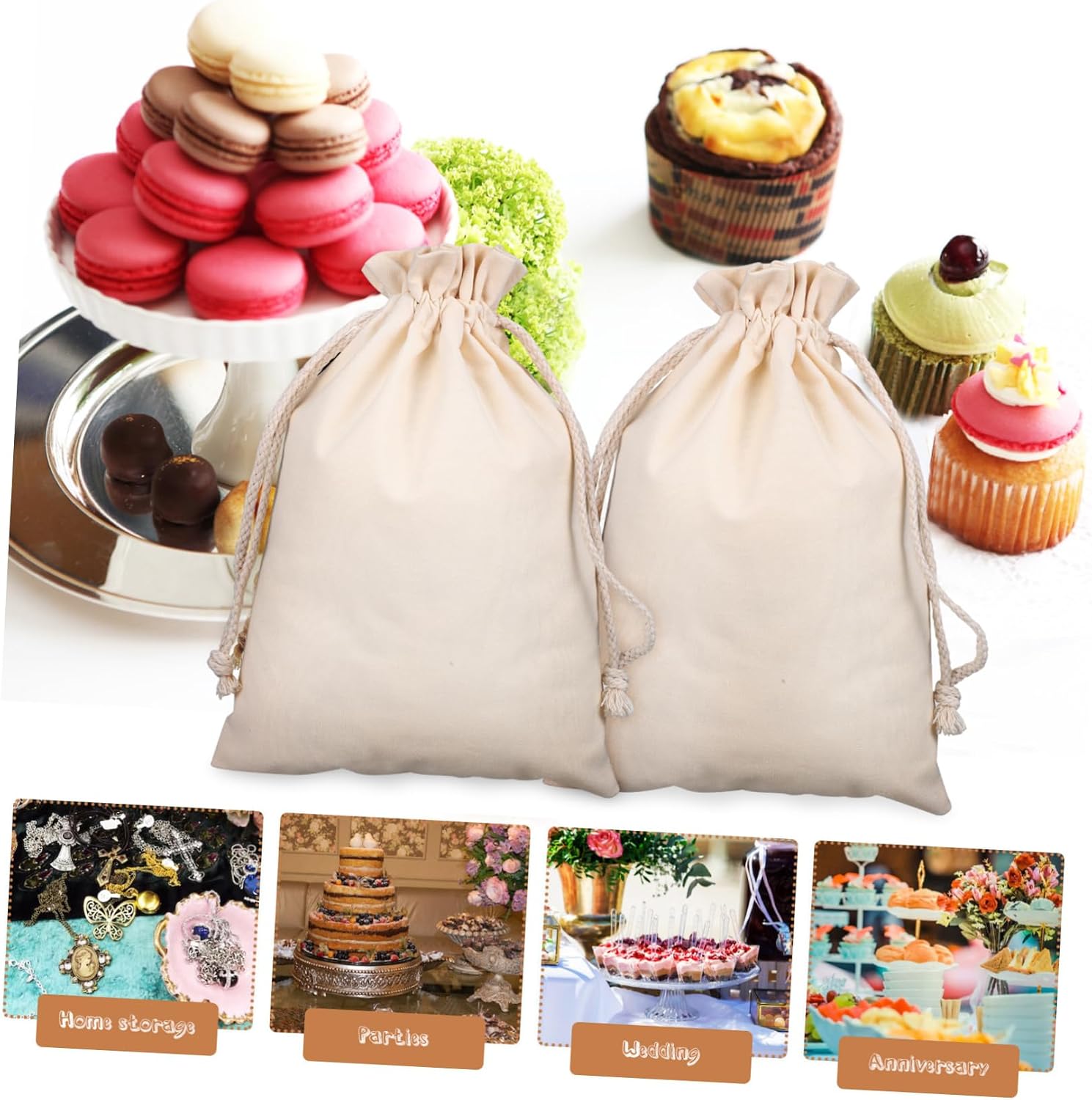 WHAMVOX 10pcs Cotton Drawstring Pouches Reusable Muslin Bag Large Fabric Pouches for Storage
