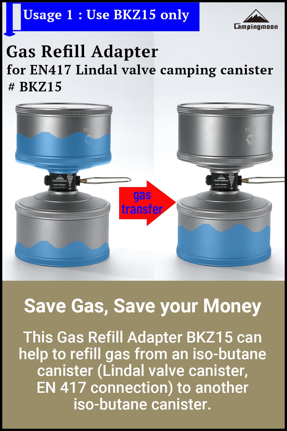 Campingmoon BKZ15/BKZ11 Adaptateur de recharge de bidon de gaz butane vers isobutane Noir