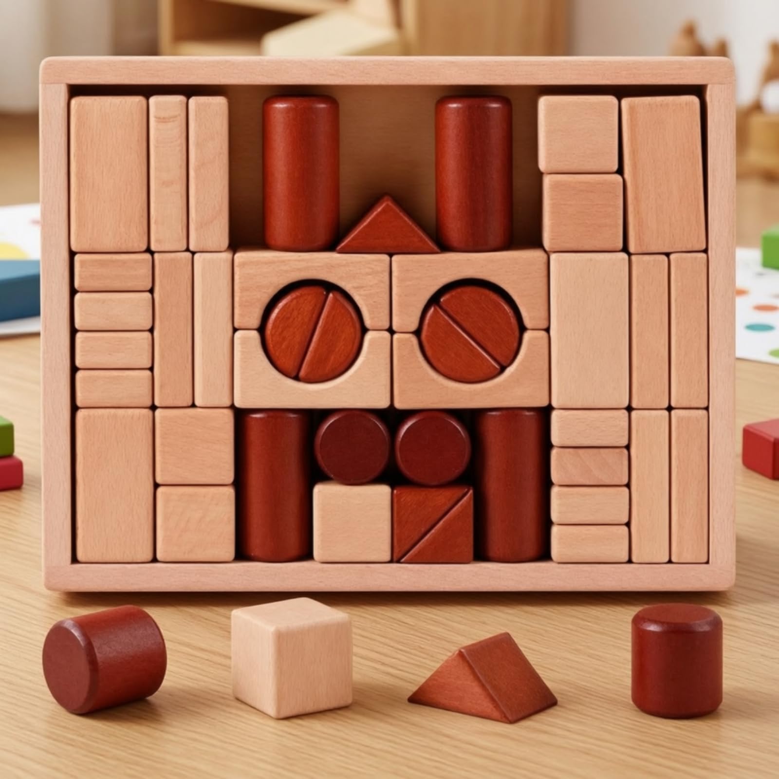 Blocchi da Costruzione in Legno Impilabile Costruzioni in Legno con Pezzi Geometrici Regalo Giocattolo Educativo per Bambini, Casa