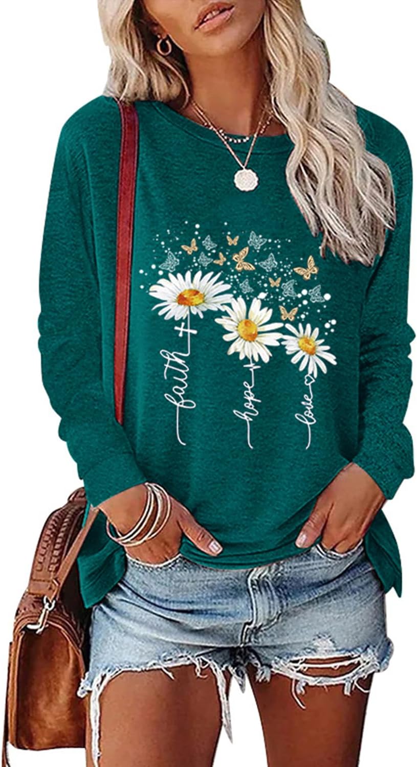 Womens Casual Long Sleeve Tunic Tops Funny Letter Sunflower Print Side Split Loose Fit Pullover T Shirts