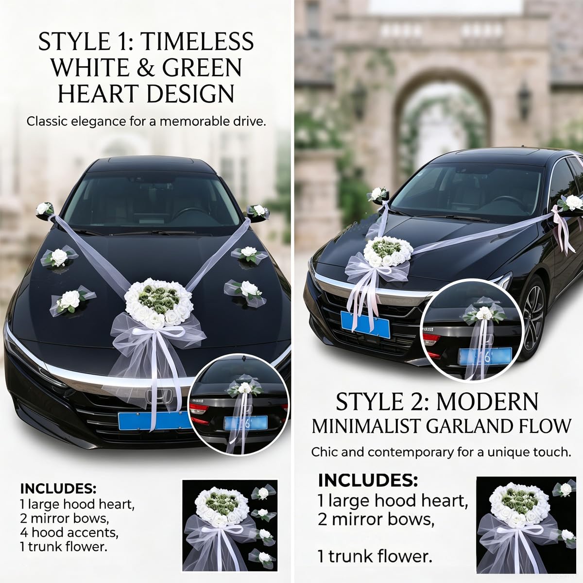 Hochzeits-Autodekoration mit die Motorhaube und den Rückspiegel & Blume am Heck, Auto-Girlande, Seidenblumen-Verzierung für Hochzeitsautodekoration Feiern Partys und DIY-Dekorationen2#