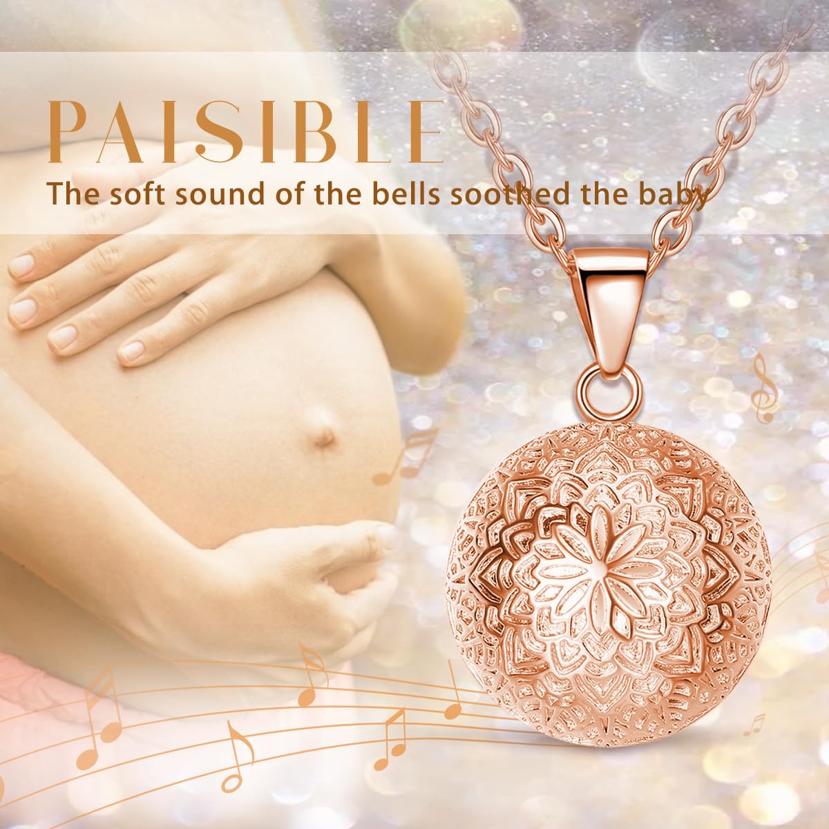 EUDORA Harmony Ball Bola Angel Caller Llamador de Ángeles Collana per Donne Gravidanza, Oro Rosa Wishing Angel Chime Harmony Mexico Ciondolo a Sfera Gioielli Regalo per Futura Mamma, 45"+30"