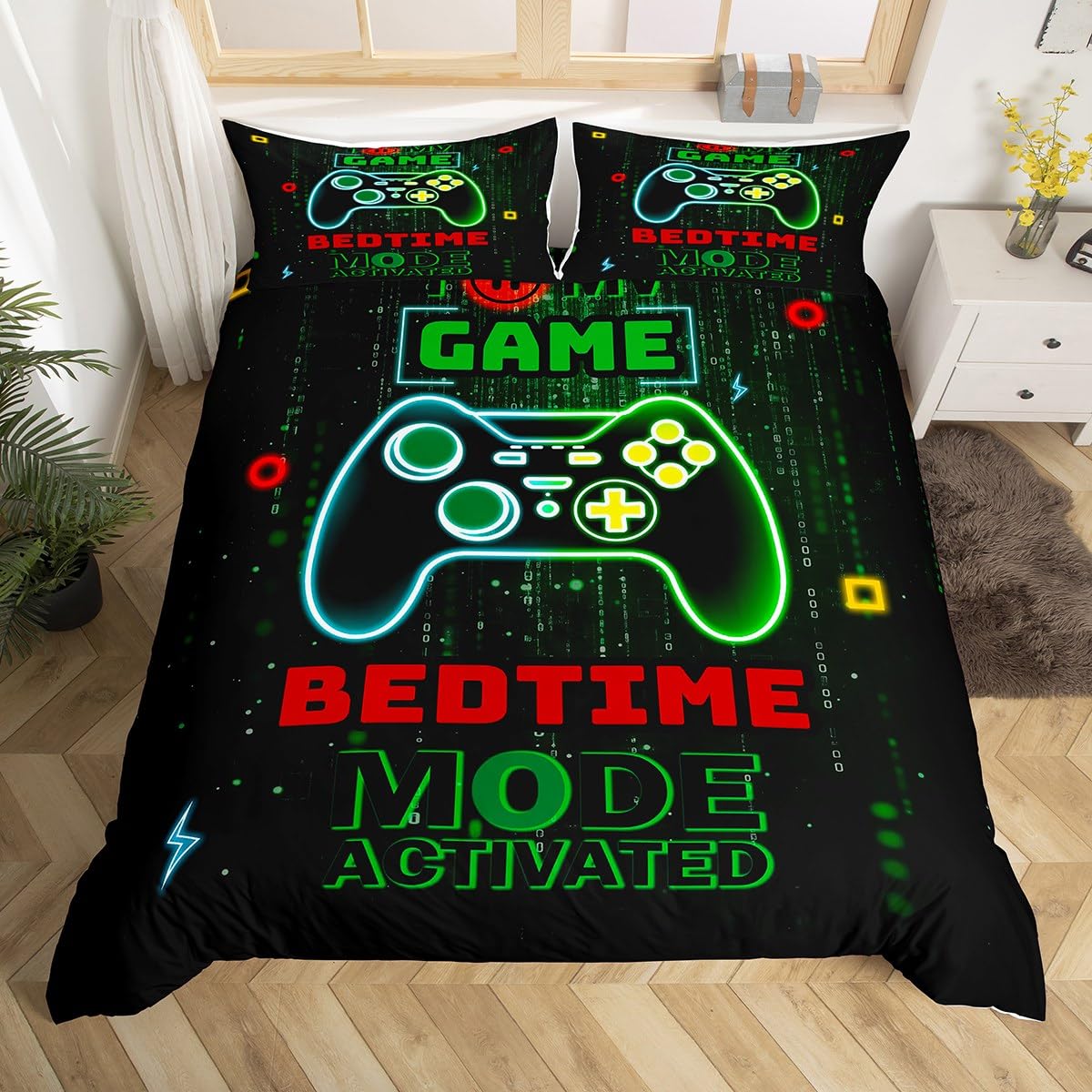 Housse De Couette Game Garçon 220x240 Cm Avec Taies - Parure De Lit Gaming Noir Et Rouge Néon