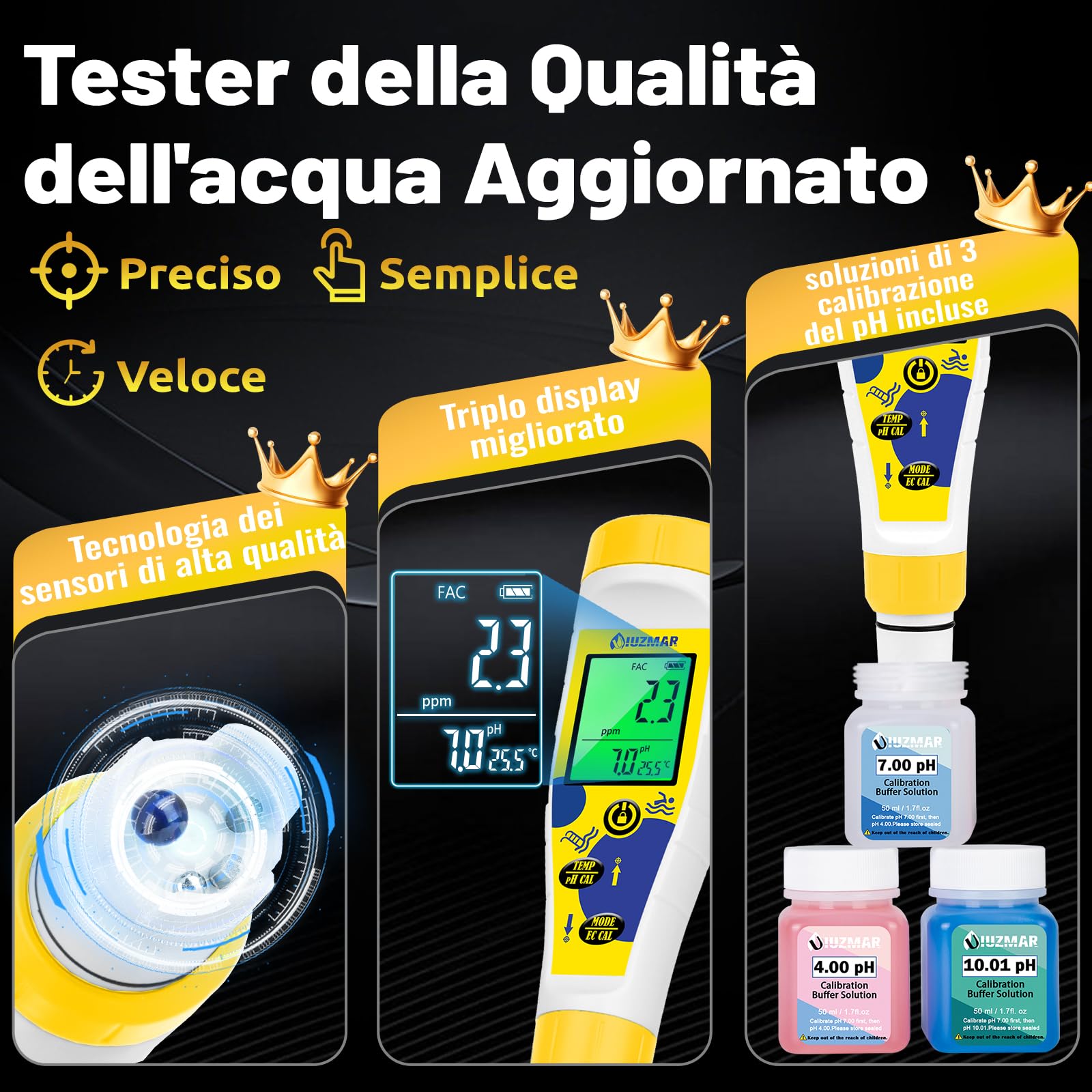 UIUZMAR Misuratore pH e Cloro Sale Piscina, Salinità Piscina Acqua Salata | Visualizzazione Simultanea di pH/Cl/Temp, 7 in 1 pH, EC, TDS, Salinità, Cloro Residuo, ORP e Temp per Acquari Idroponici Spa