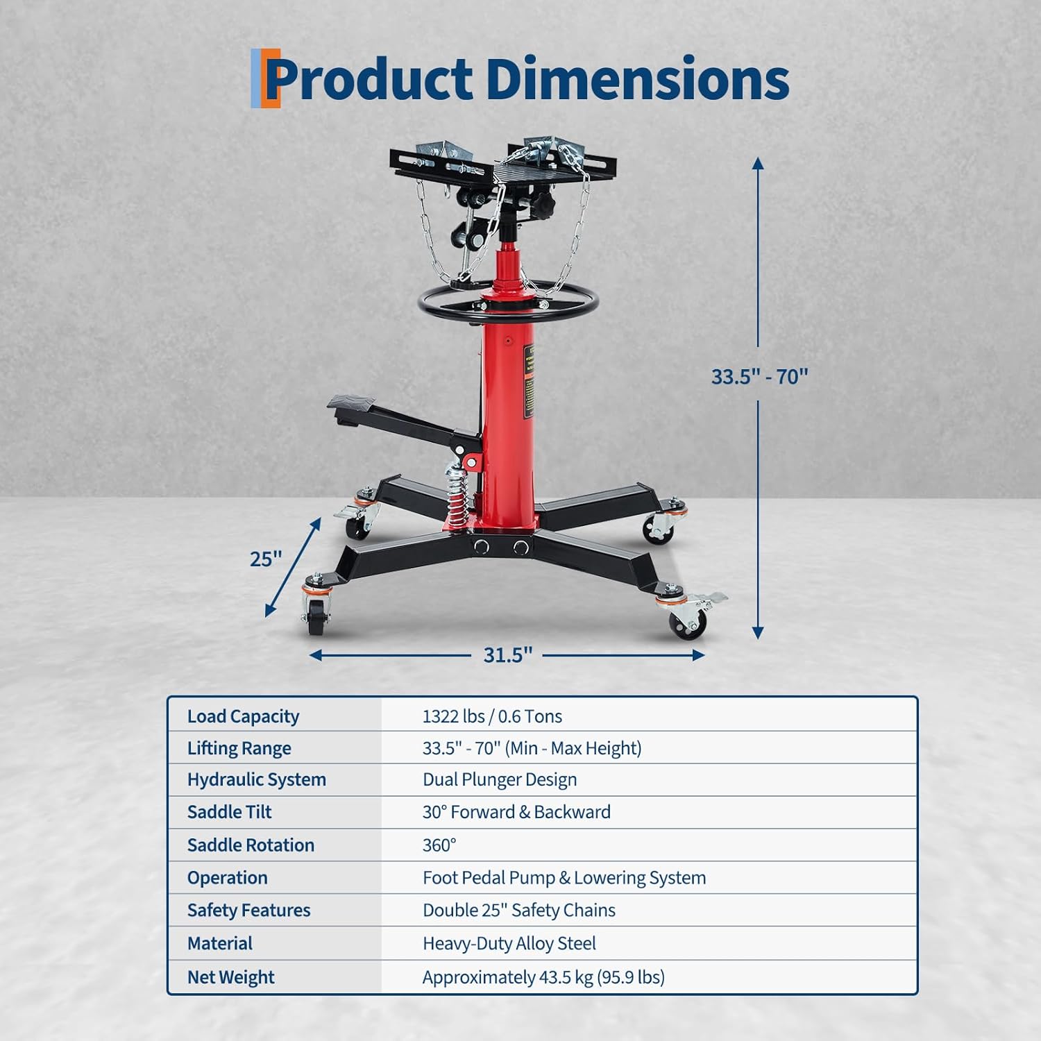 PeakPursuit 1322 LBS Hydraulic Transmission Jack, 33.5-70 Inch Lift Height with 360° Swivel Wheels & Foot Pedal, Telescoping Jack Stand with 30° Tilt Saddle for Cars, Light Trucks