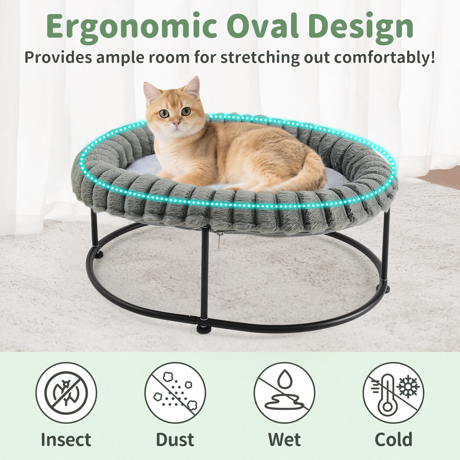 GUUSII HOME Elevated Cat Bed Raised Kitty Hammock for Indoor Cats Large Kitten Sofa Puppy Chair Pet Couch with Free-Standing Metal Frame Washable Padding Cushion Easy Assembly 58.5 * 43 * 21cm (Grey) - Image 3