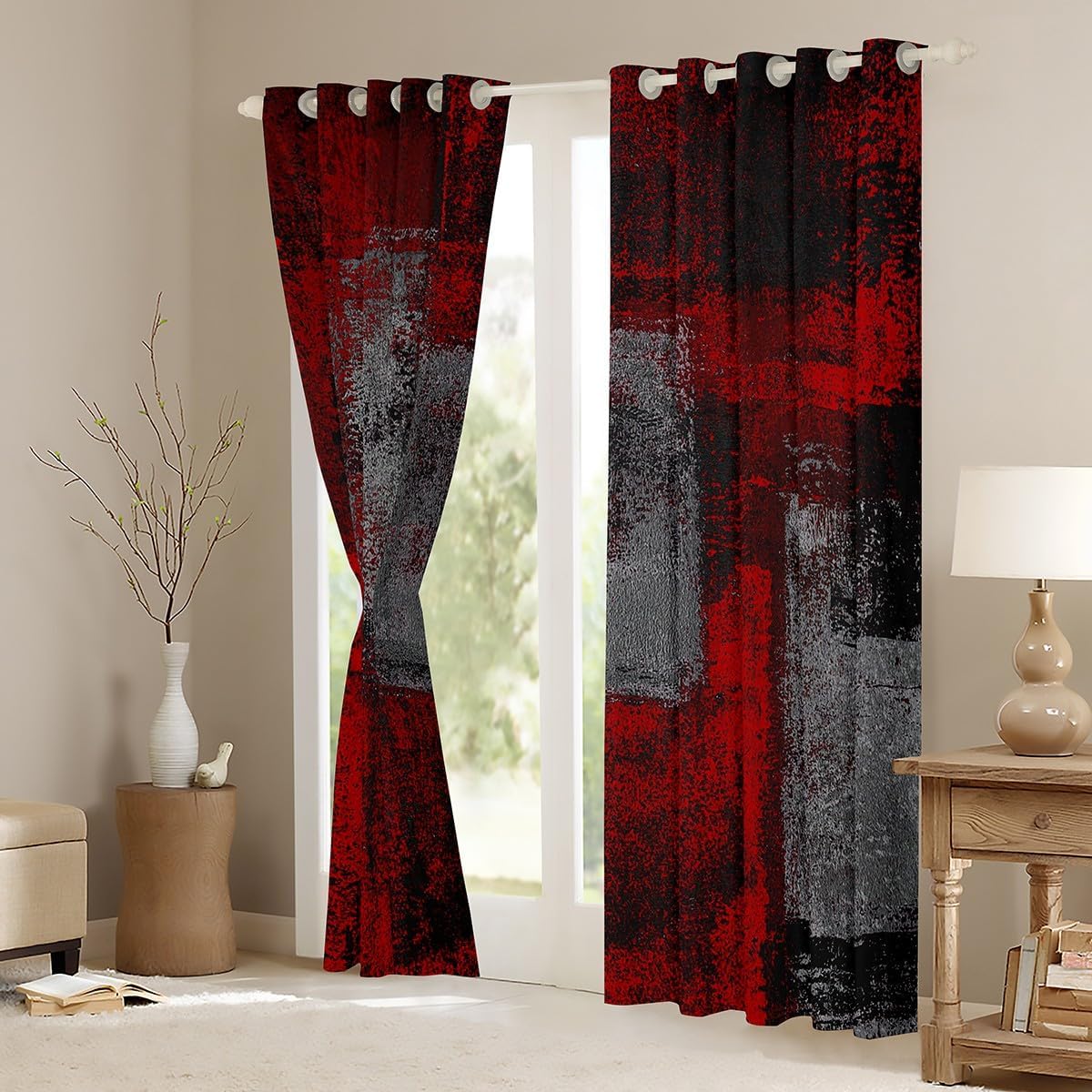 Erosebridal Grunge Ombre Curtains & Drapes 42" Wx63 L Red Black Dark Grey Blackout Curtains Watercolor Abstract Window Curtains Vintage Hippie Graffiti Curtains 2 Panels Oil Painting Style Room Decor