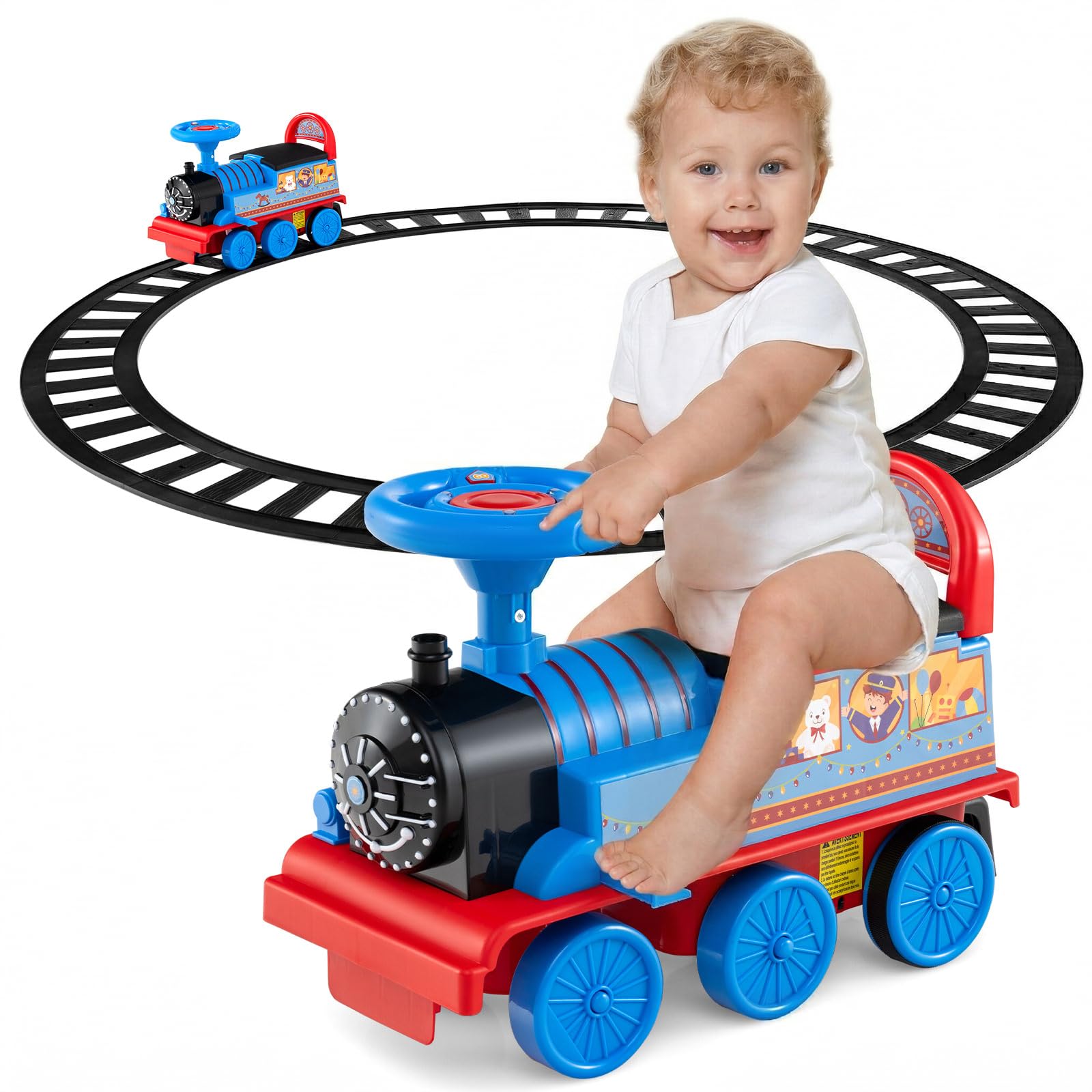 Kids Ride On Train with Track, 6V Battery Powered Electric Toy Car with Lights and Sounds Retractable Footrest Under Seat Storage (Deep Navy)