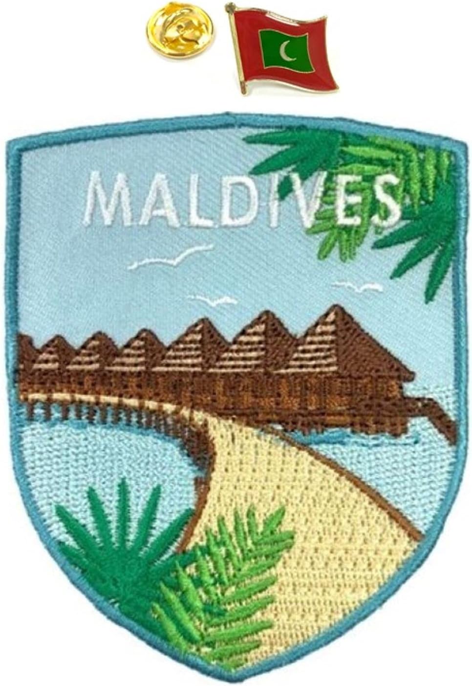 A-ONE - Maldives Resorts Patch+Maldives Flag Emblem Pin, Country Flag Lapel Pin, Landscape Patch, Sew-on Emblem for Clothes Backpacks Accessories, Stick-on, Iron Embroidered Patch NO.217P Blue