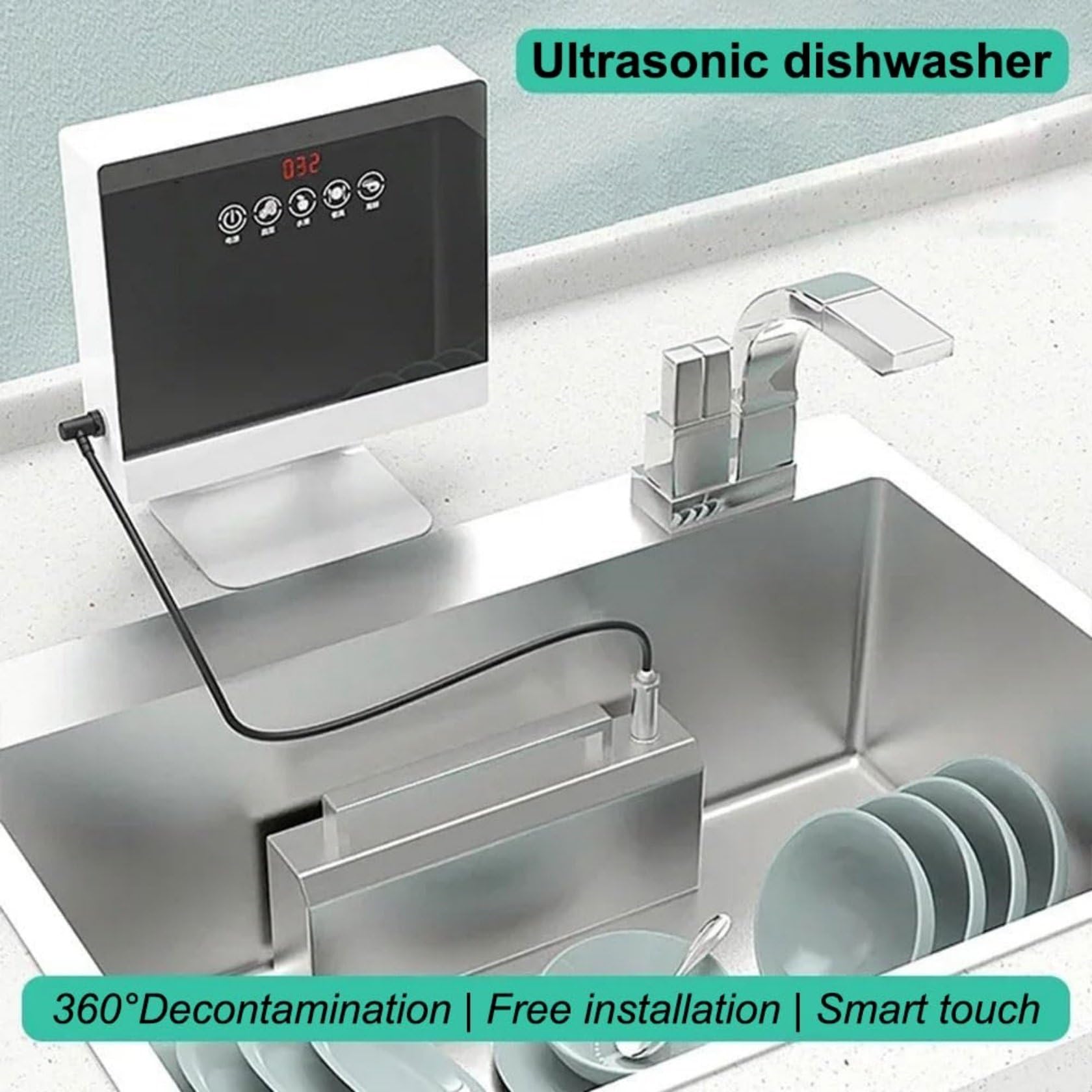 Lavastoviglie A Ultrasuoni Portatile da 380 W, Lavapiatti per Lavello, Lavatrice A Ultrasuoni per Verdure con Controllo Touch, per Stoviglie, Frutta, Frutti di Mare E Verdure
