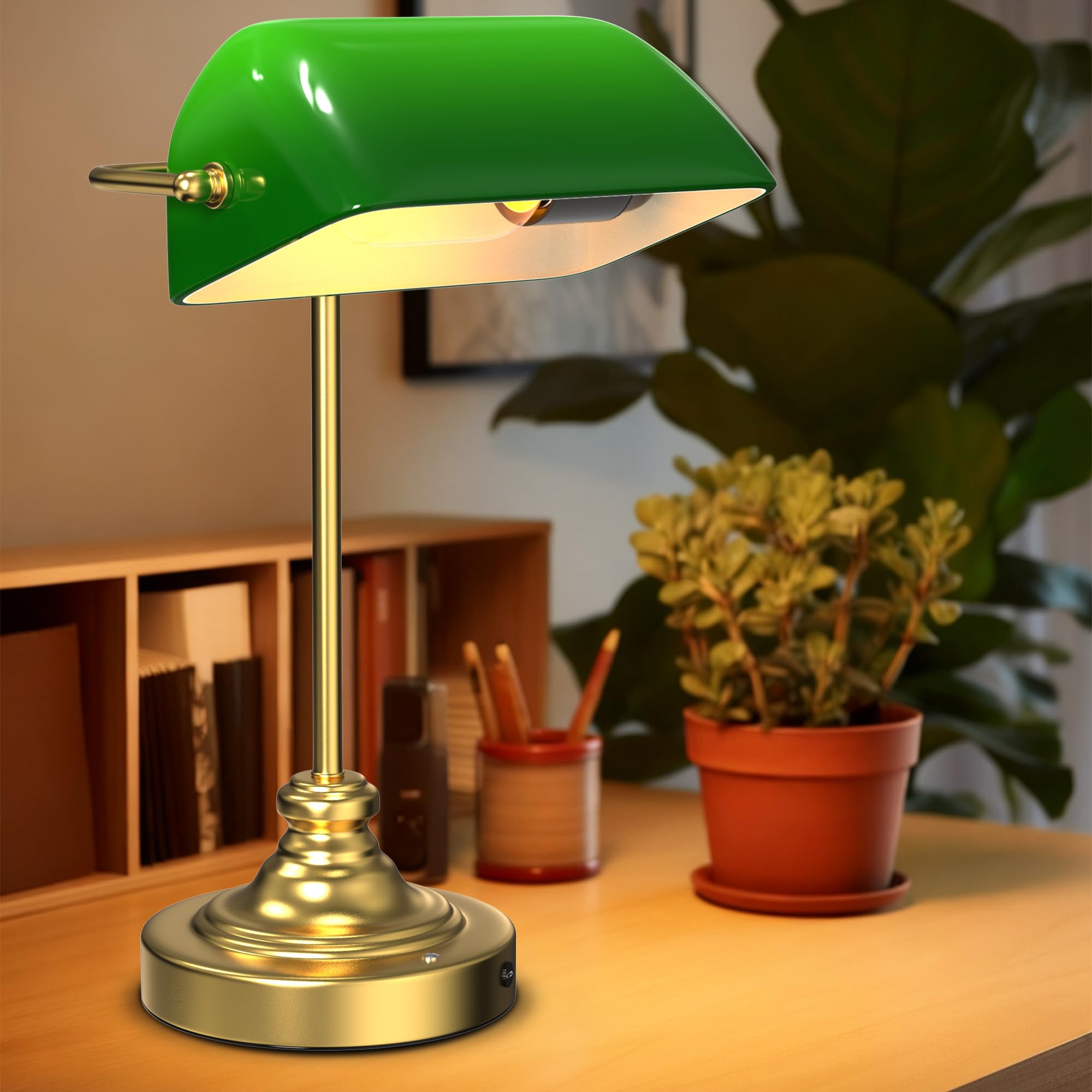 LGMCF - Lámpara de escritorio con base de bronce antiguo, pantalla de cristal verde e interruptor de cuerda para el hogar y la oficina