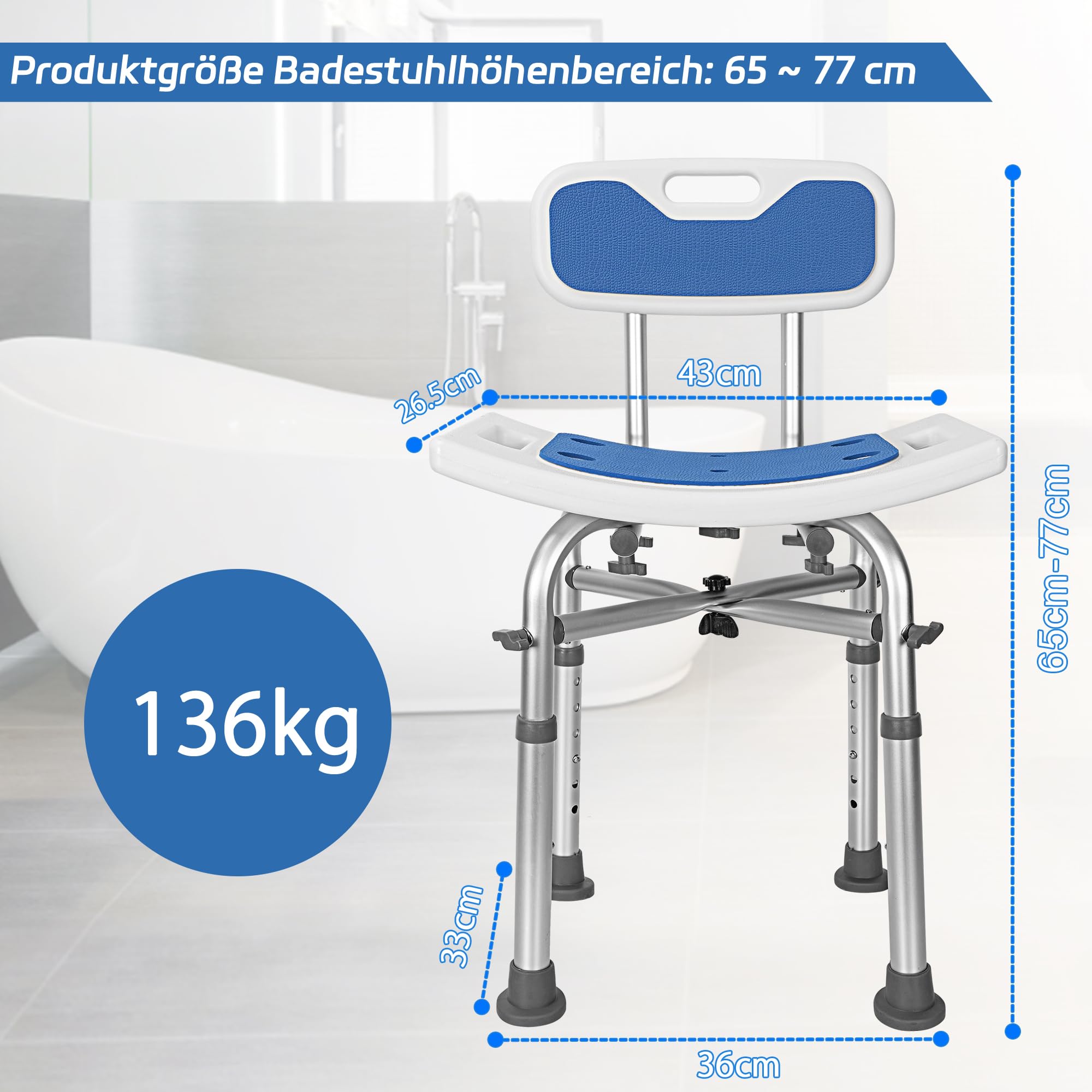 OUUTMEE Sedia da Doccia Con Schienale, Altezza Regolabile in 6 Livelli: 65-77 cm, Sedia da Doccia Per Anziani Con Piedini Antiscivolo, Capacità Massima Di Carico 136 kg