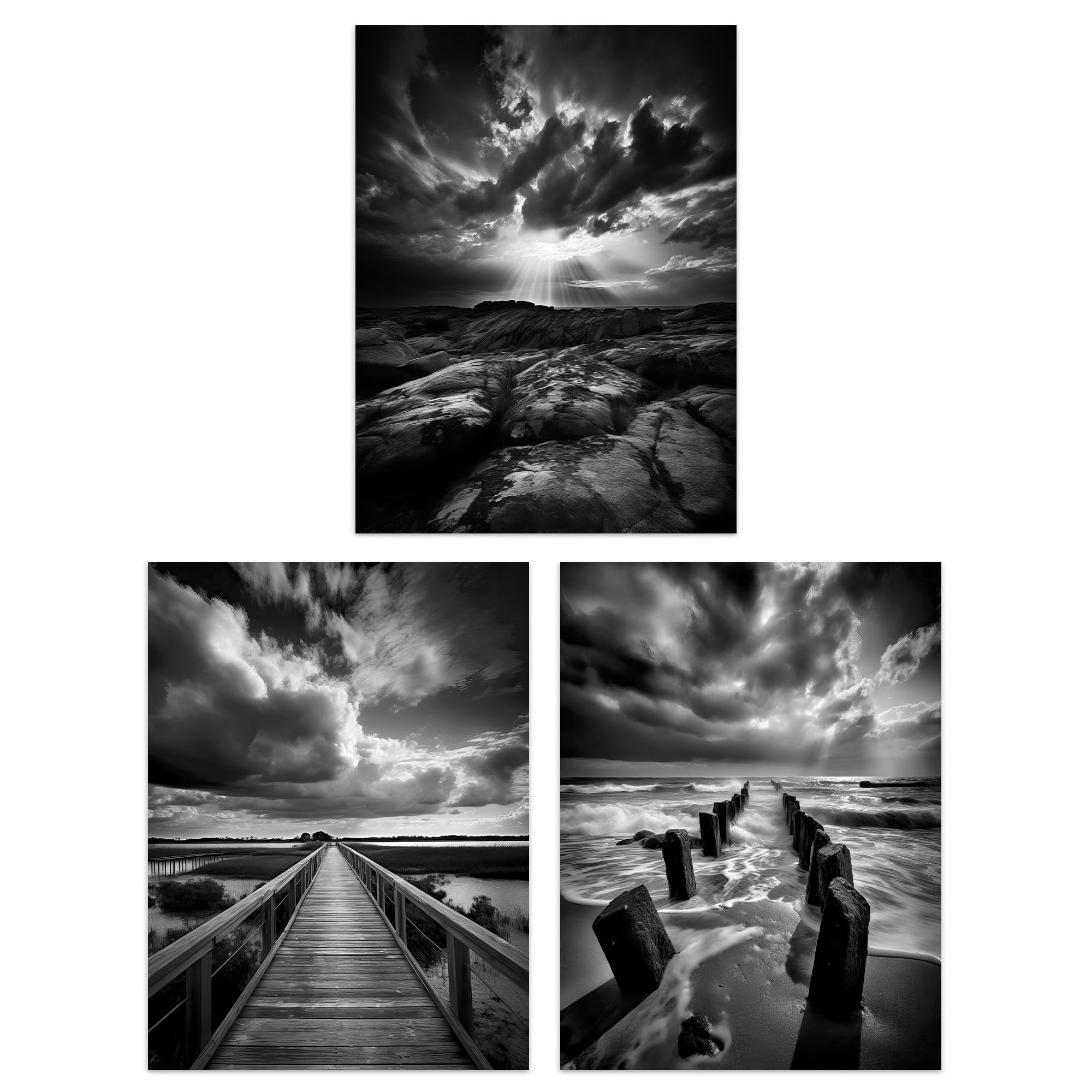 Artery8 Set of 3 A4 Atmospheric Clouds Black and White Photographs Dramatic Coastal Landscapes Unframed Wall Art Living Room Poster Prints Pack