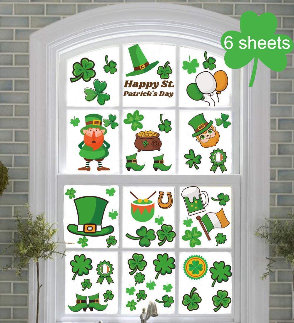 L &H Gadgets St Patrick's Day Decorations 144 PCS Shamrock Window Stickers Gels Decal Four Leaf Clover Window Clings Irish Shamrock Happy St. Patrick's Day Party Ornaments