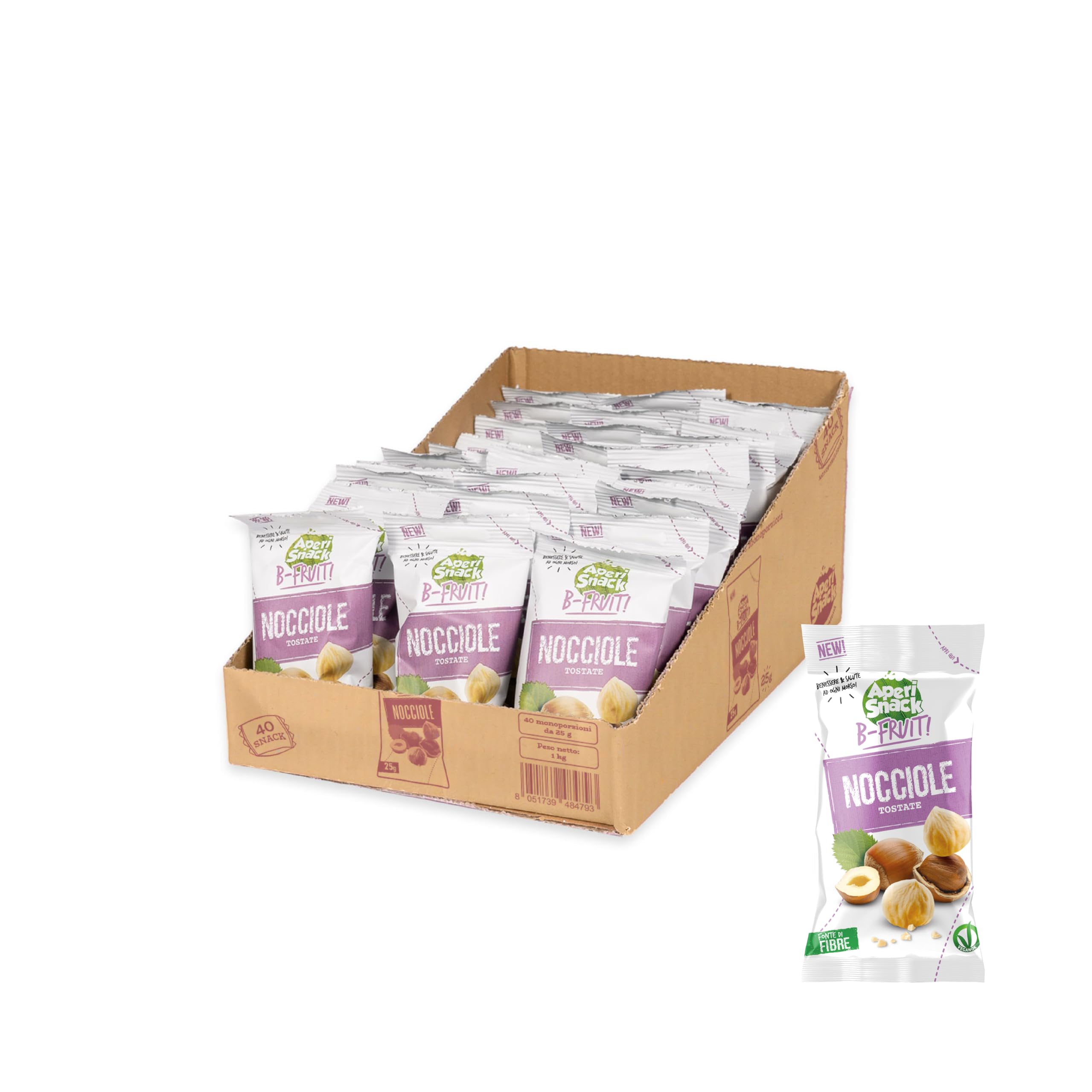 Aperisnack B-Fruit - AP13.041.14 - Box 40 Nocciole Tostate, Frutta Secca 100% Naturale - 40 Pacchetti Monodose da 25 g