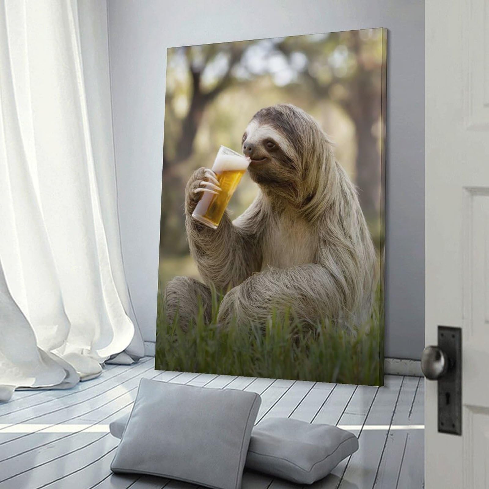Junmoney Frame-Style-12 Sloth Sipping A Beer Canvas Wall Decor, 20X30inch(50X75cm), For Wall Displays, Bedrooms Or Room Updates, Wall Decor Suited To Curated Displays