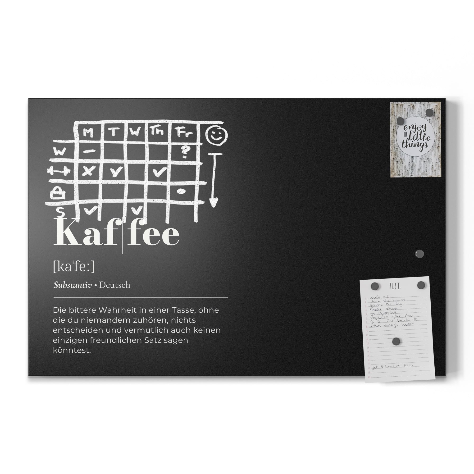 DEQORI Magnetische Kreidetafel mit UV-Druck | Motiv Kaffee - Definition | Design rechteckig 60x40 cm | Kreide Metalltafel beschreibbar – Wanddeko für Küche, Flur, Kinderzimmer & Büro