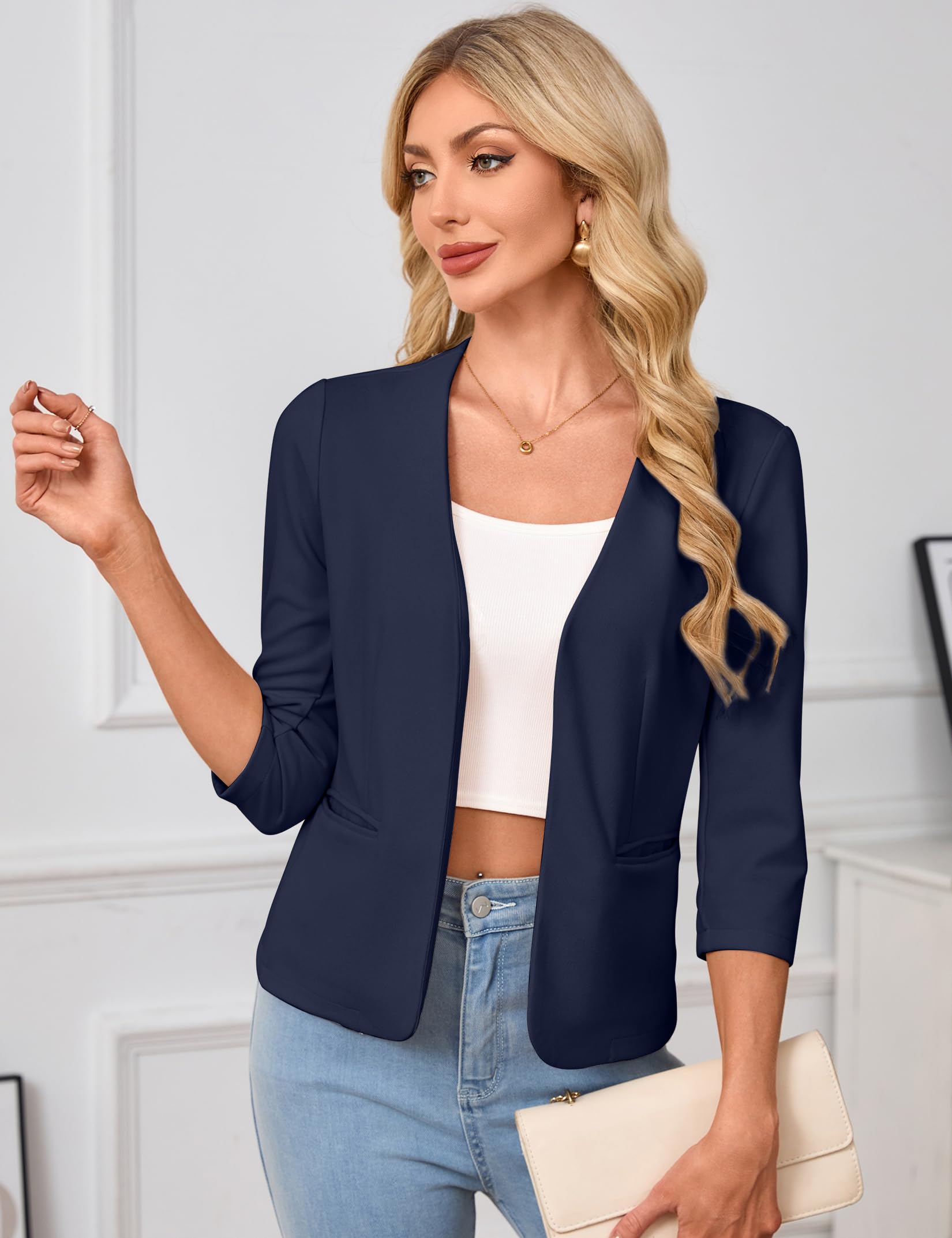 YesFashion Blazer Damen Elegant Blazerjacke Open Front 3/4 Ärmel Leichte Jacke Business Büro Anzugjacke(Verpackung MEHRWEG)
