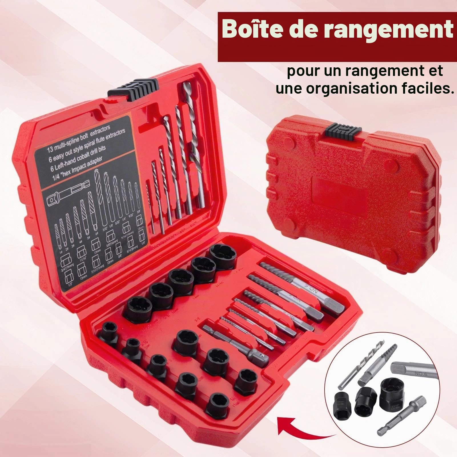 SPEEDWOX 26pcs extracteur de vis et forets main gauche Set Easy Out Kit extracteur de vis outils de démontage de boulon multi-cannelures foret main gauche extracteur de tête hexadécimal extracteur de