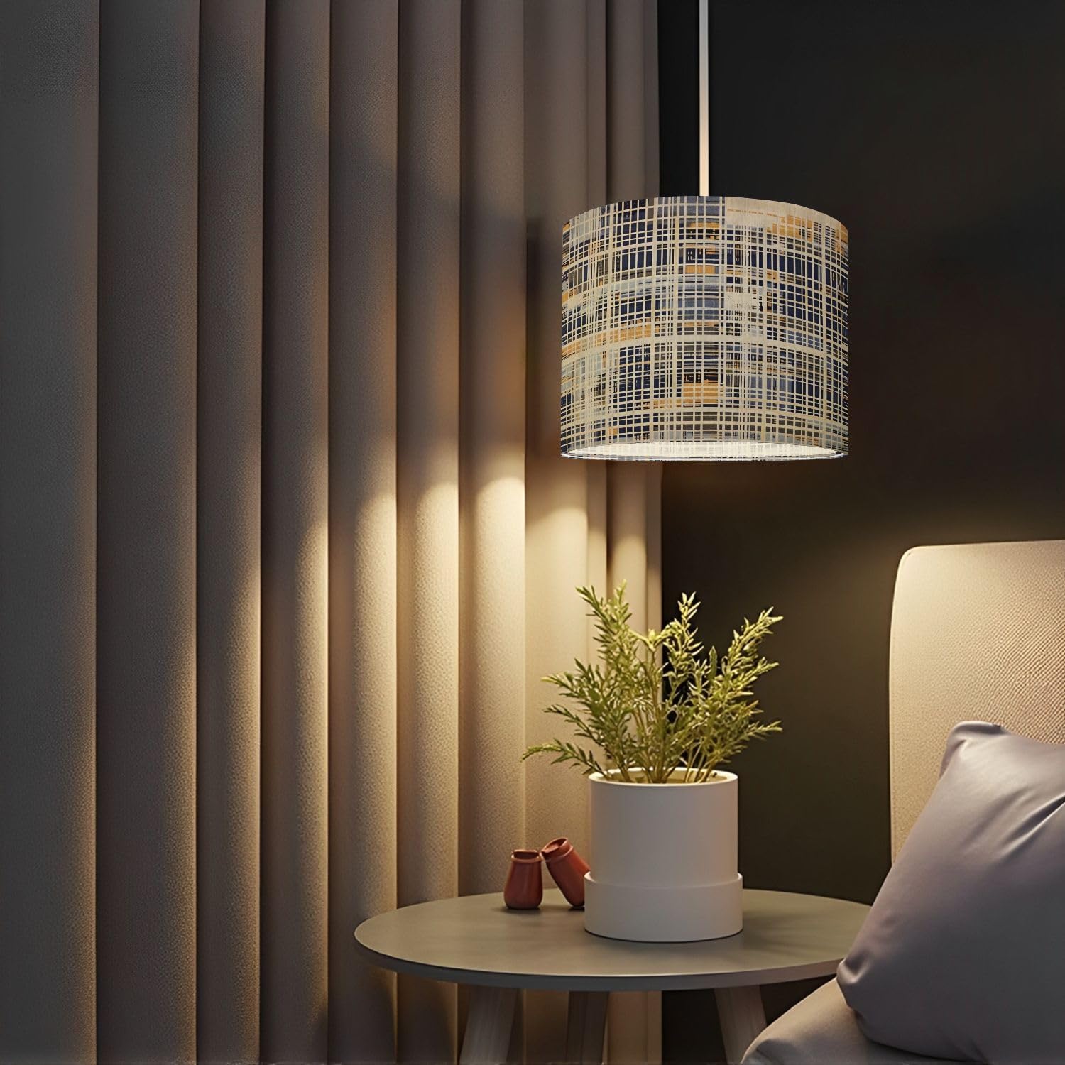 Plaid check patten indigo navy beige cream pale beige Modern vintage Drum Lamp Lampshade Set of 2-11" x 11" x 8.9" Vintage Replacement Fabric Lampshades for Table Lamps, Floor Lamps Easy Assembly