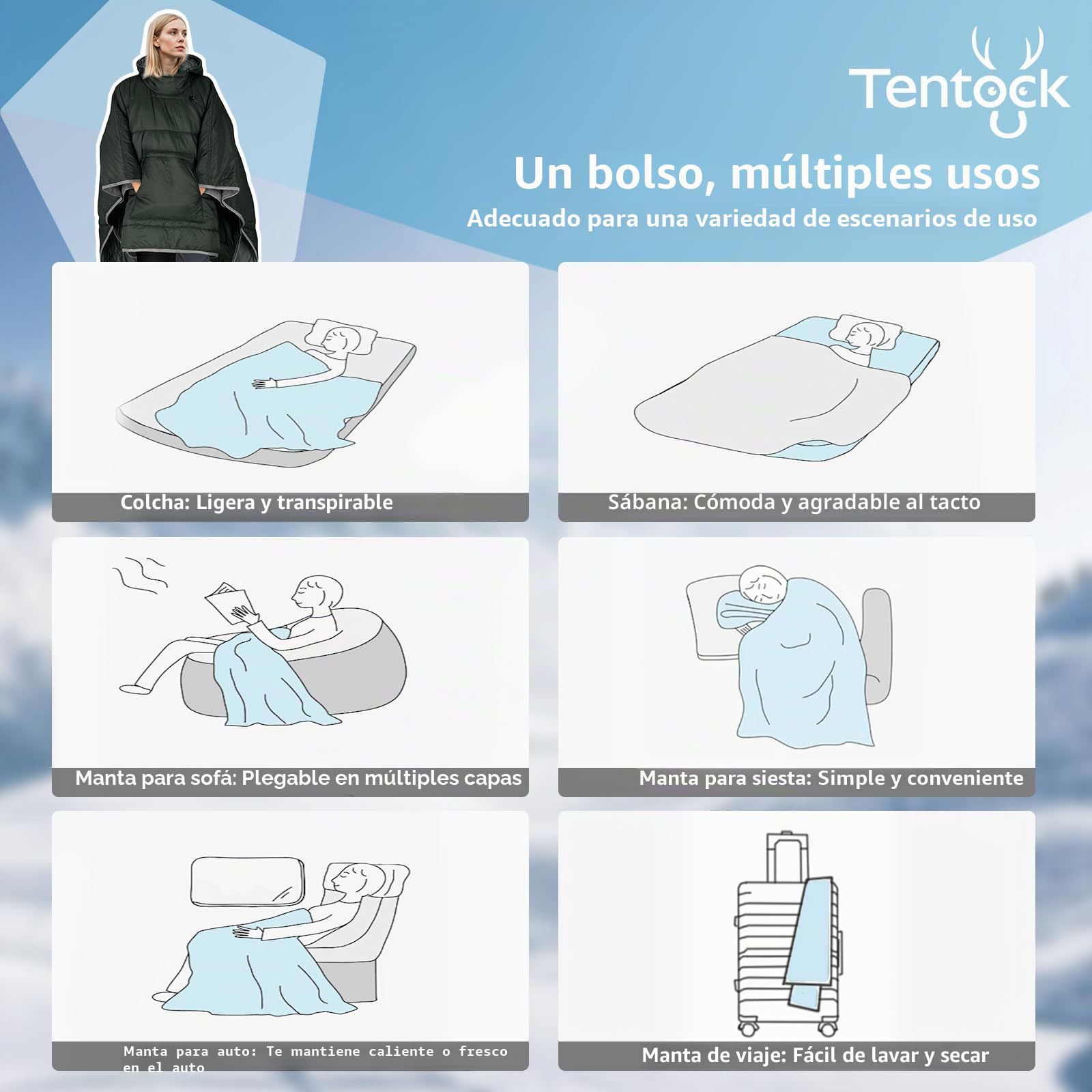 Tentock Unisex Poncho de Invierno con Capucha Edredón Pequeño y Cálido Saco de Dormir Ultraligero Impermeable para Acampar Picnic Pesca Viajes
