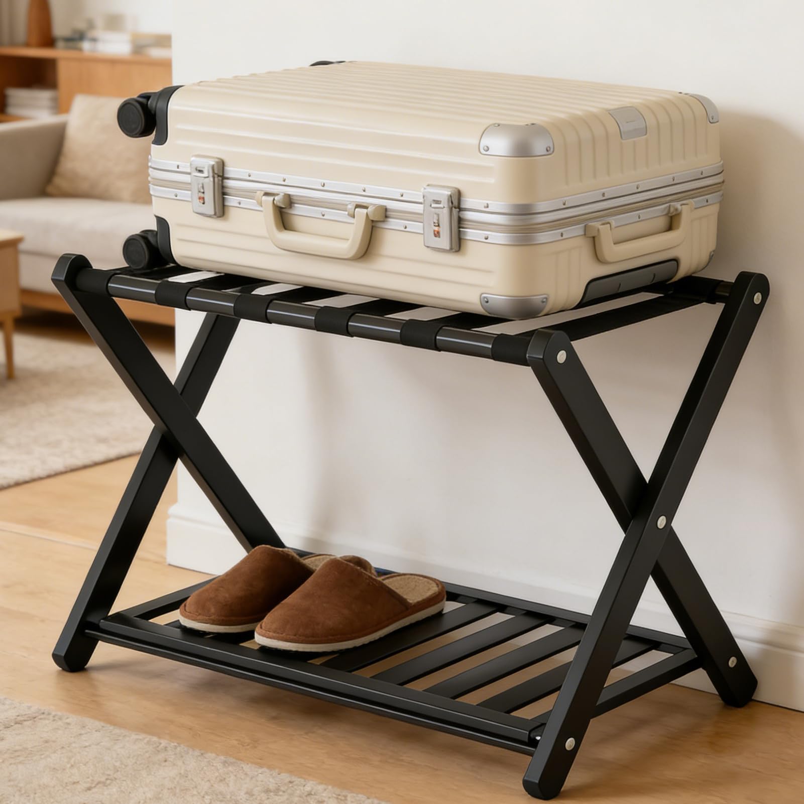 TARSHYRY Folding Luggage Rack , Fully Assembled Suitcase Stands with 6 Nylon Straps & Storage Shelf, 26.8 " Luggage Racks for Guest Room, Bedroom, Hotel Holds up to 200 lbs (Black)
