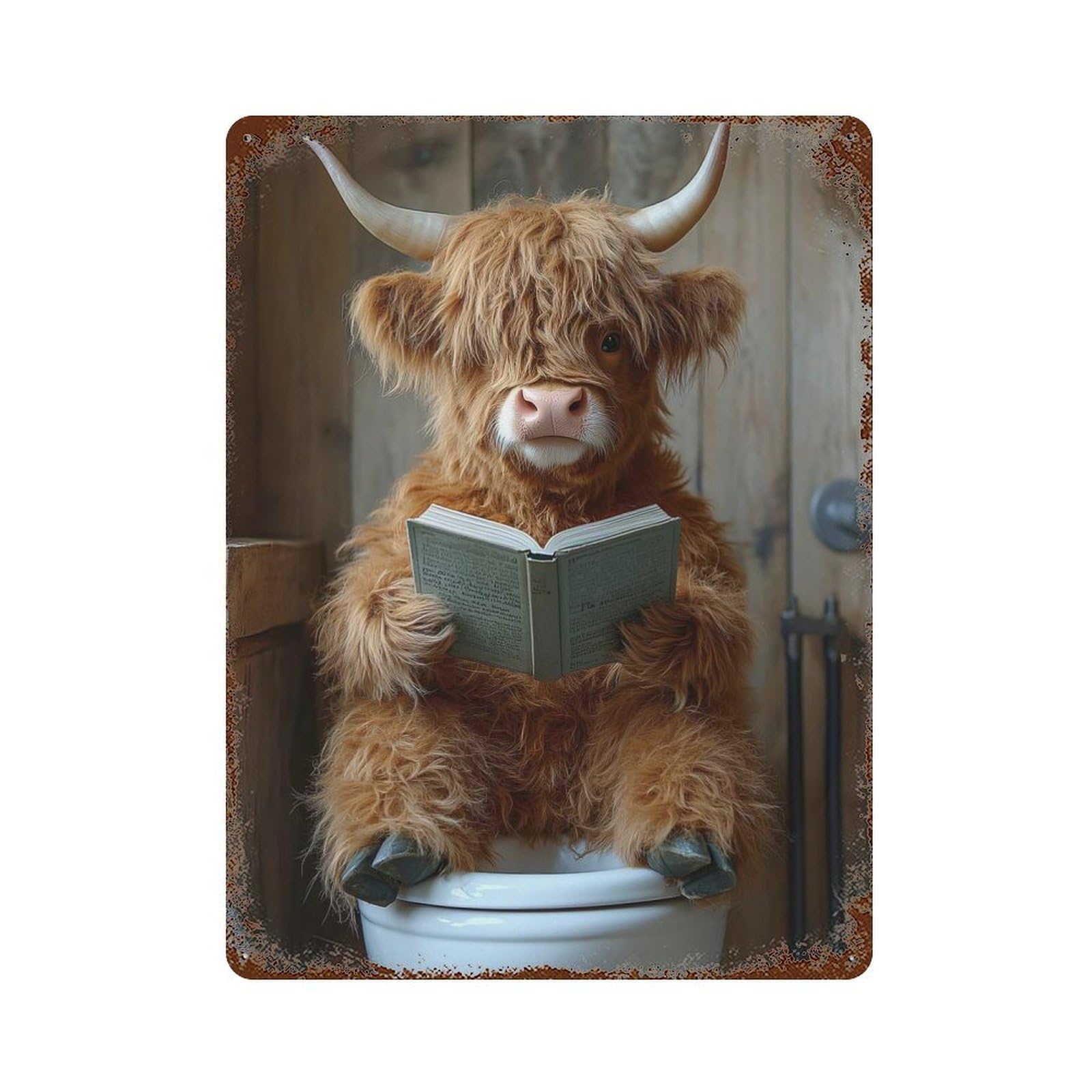 Highland Cow Reading on Toilet Retro Metal Sign 15.7"x11.8", Decorative Metal Wall Art for Basement, Hobby Room And Garage Decor