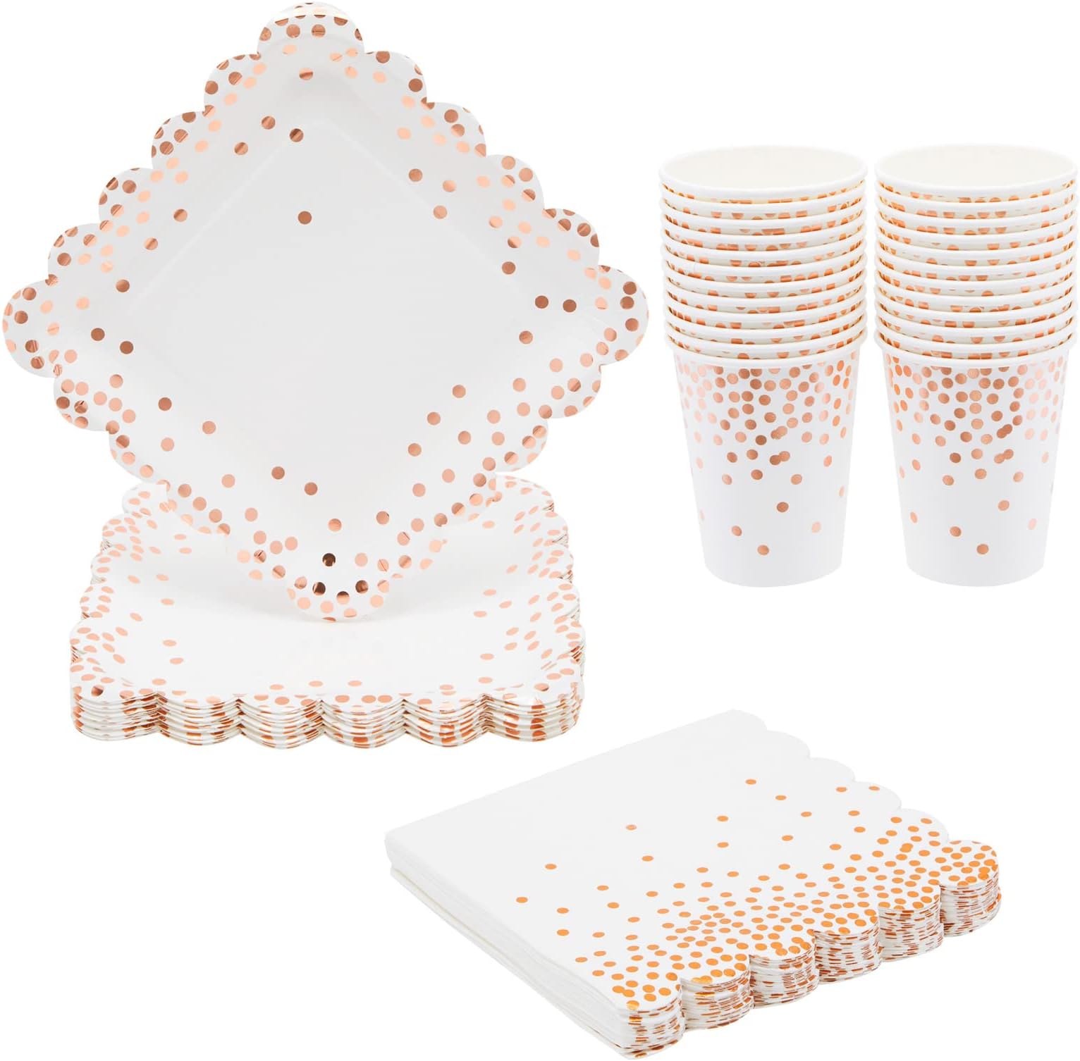 72 Piece Confetti Disposable Dinnerware Set with Scalloped Paper Plates, Napkins, Cups for Rose Gold Party Supplies and Bridal Shower (Serves 24)