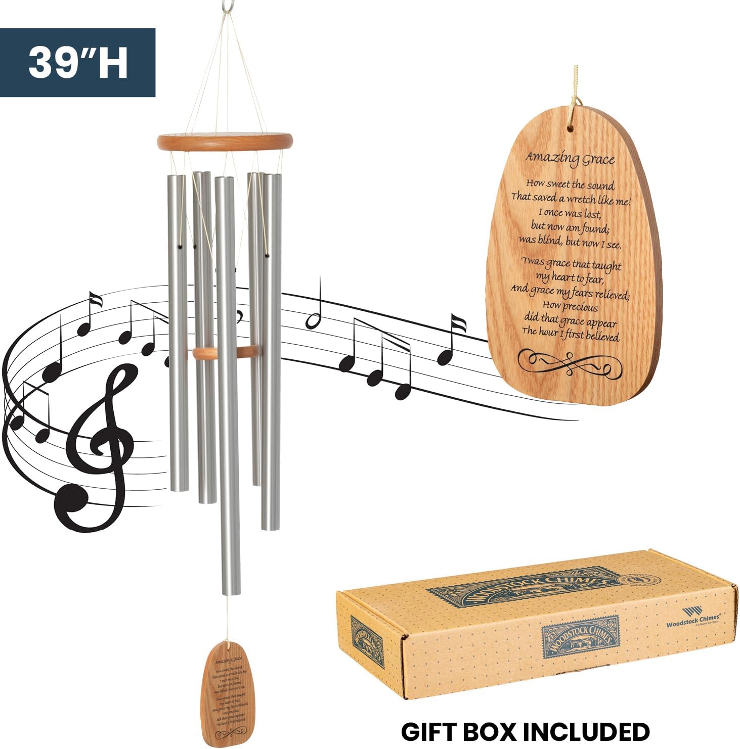 Woodstock Wind Chimes 39" Reflections Amazing Grace Large Windchime, Cherry Finish Ash Wood, 5 Silver Aluminum Tubes, Wind Chime Inspirational Windchime Tuned to Amazing Grace Hymn