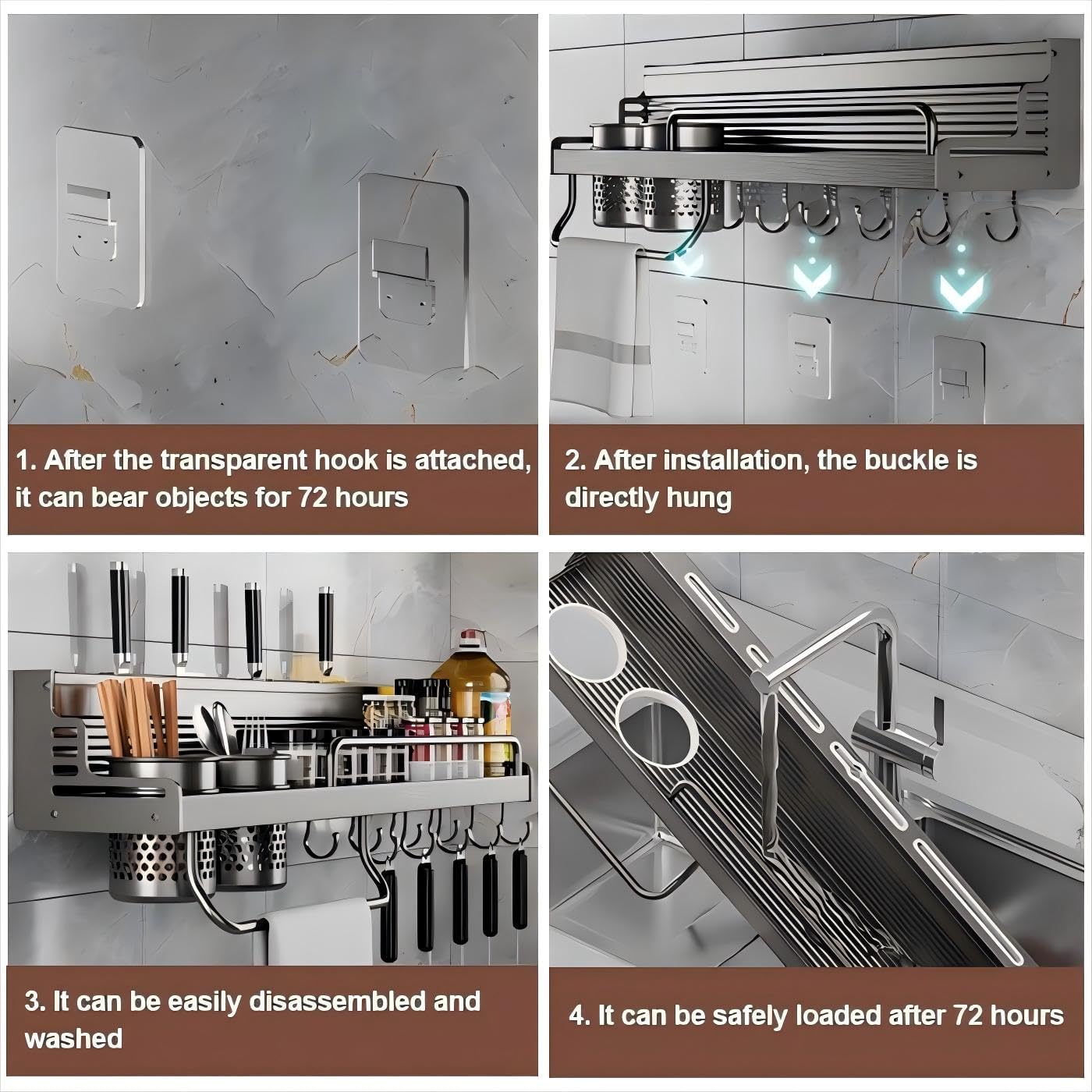 Spice Rack Wall Mount Kitchen Utensil Rack Wall Mounted Spice Rack with Hooks Wall Mount, Hanging Storage Wall Shelf for Spatula Spoon, Seasoning Jar Organizer (80cm)
