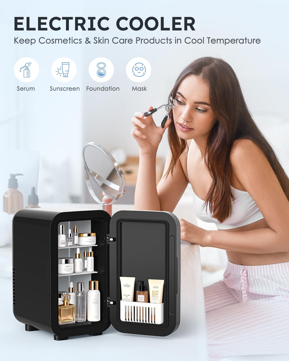 Skincare Fridge with Glass Panel, 6L Mini Fridge for Home/Car, AC/DC Portable Thermoelectric Cooler and Warmer, Makeup Mini Compact Refrigerator for Skincare Cosmetics Food Drinks (Black)