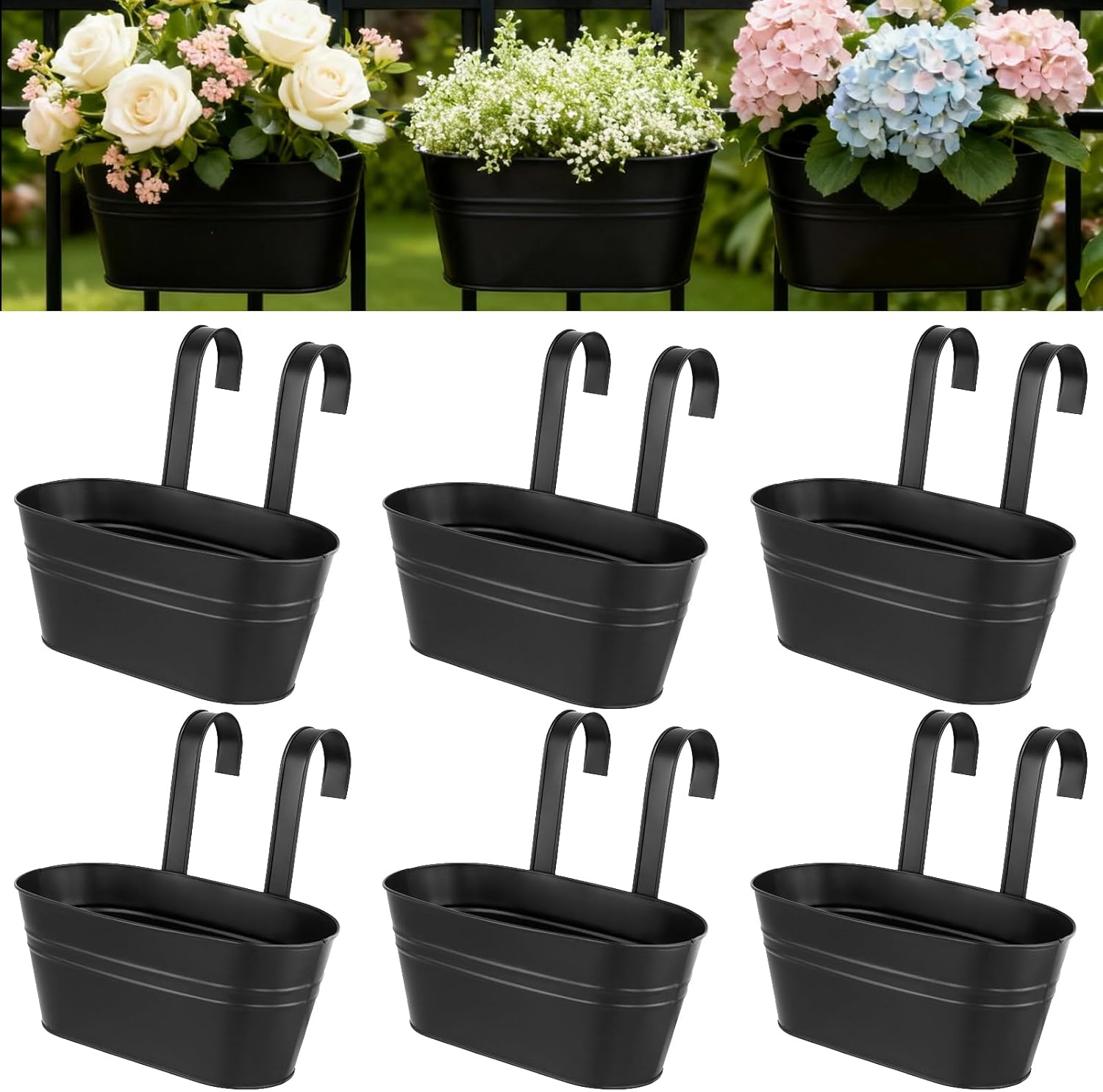 SINJEUN 6 Pack 11 Inch Railing Planter for Outdoor Plants, Metal Hanging Flower Bucket with Detachable Hooks and Drain Holes, Rail Pots for Balcony Garden Yard Home Countryside Decor, Black