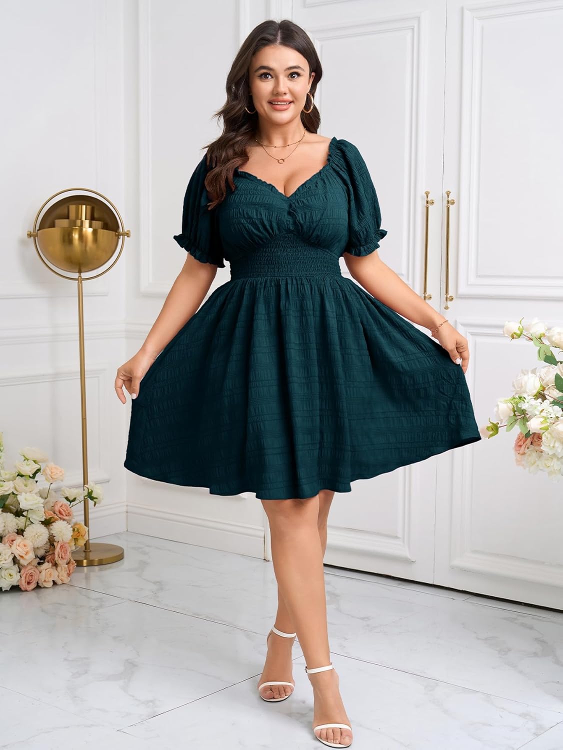 SCOMCHIC Womens Plus Size Summer Dresses Casual Sun Dress Sweetheart V Neck Puff Short Sleeve Smocked A Line Mini Dress - Image 3