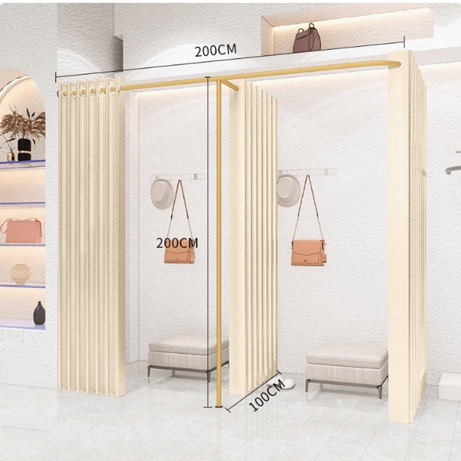 spogliatoio Spogliatoi a forma di F con tenda ombreggiante, camerino doppio temporaneo portatile for ufficio del centro commerciale negozio(Beige)