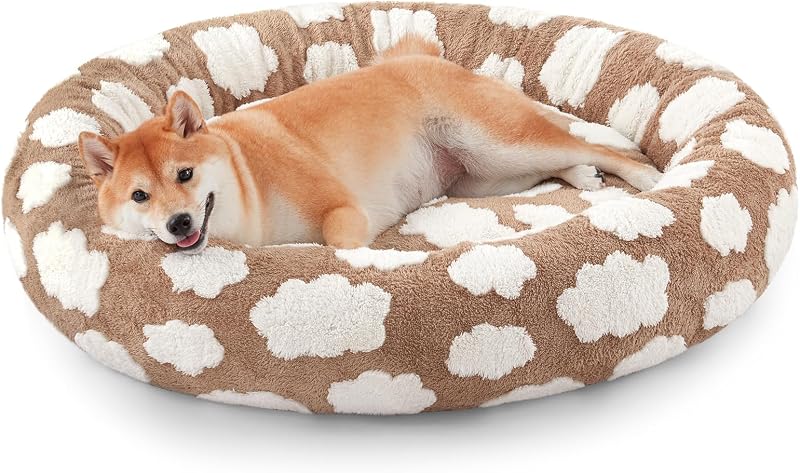 Cama Redonda Tipo Donut para Cães JOEJOY em Jacquard Marrom, Capa Removível Lavável, Tamanho Médio 76,2 x 76,2 x 20,32 cm