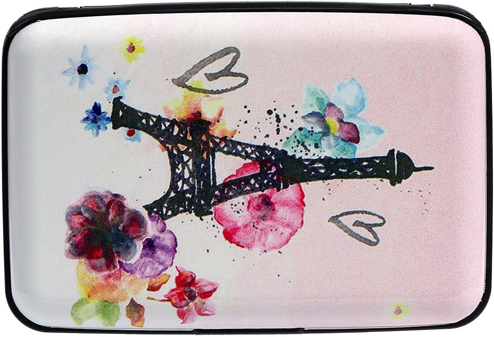 Aluminum RFID Blocking Slim Metal Wallet Credit Card Holder for Men Women (Watercolor Eiffel Towe and Flowers)