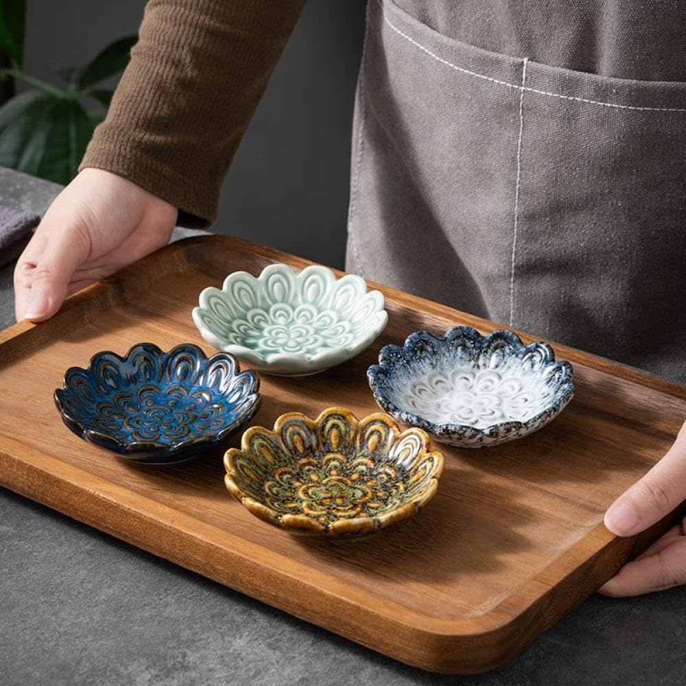 Sizikato 6 Pcs Stoneware Porcelain Sauce Dish, Peacock Relief Ceramic Soy Sauce Dish Mustard Dish