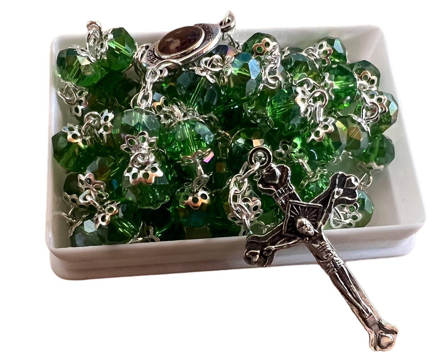 Chapelet catholique en perles de cristal vert pour chapelet rosaire chrétien