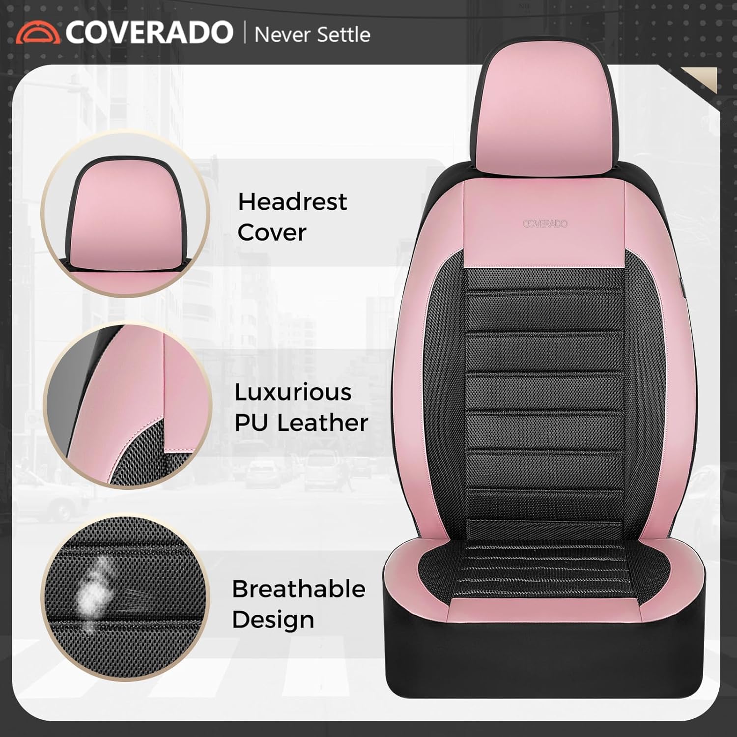 Coverado Car Seat Covers Full Set, Luxury Leather Car Seat Covers, Automotive Front and Rear Mesh Seat Covers, Full Set 5 Seats, Pink Black Seat Covers for SUV Sedan Truck