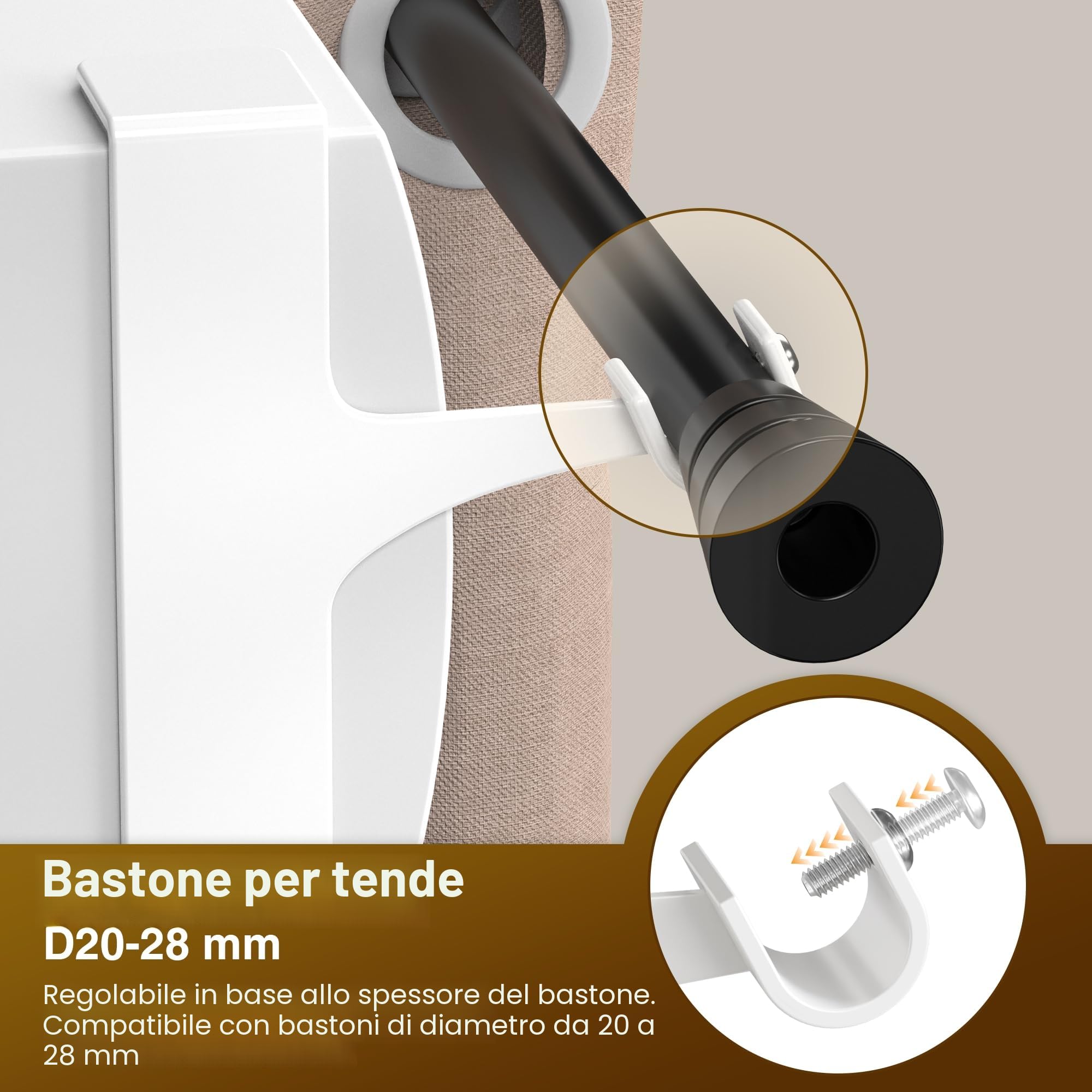 2 Supporti per Bastone Tenda senza Forare – Bianchi, Universali, per Cassonetto Tapparella, in Metallo, Installazione Senza Attrezzi