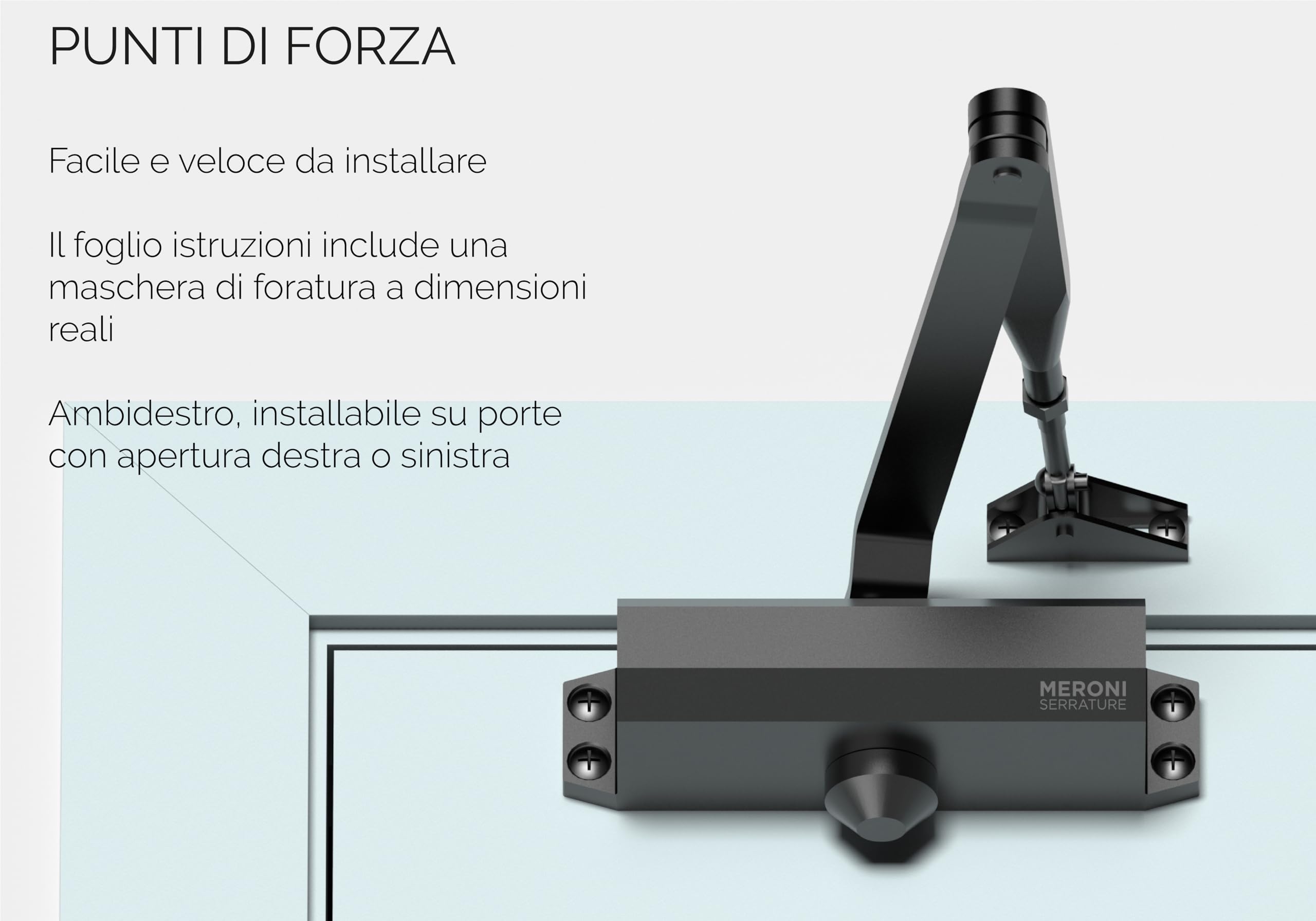 MERONI SERRATURE Chiudi Porta Aereo a Forza Variabile con Braccio Standard - Chiudiporta Meroni Modello Ambidestro, Ideale per Porte in Legno, Alluminio e Metallo, Certificato CE