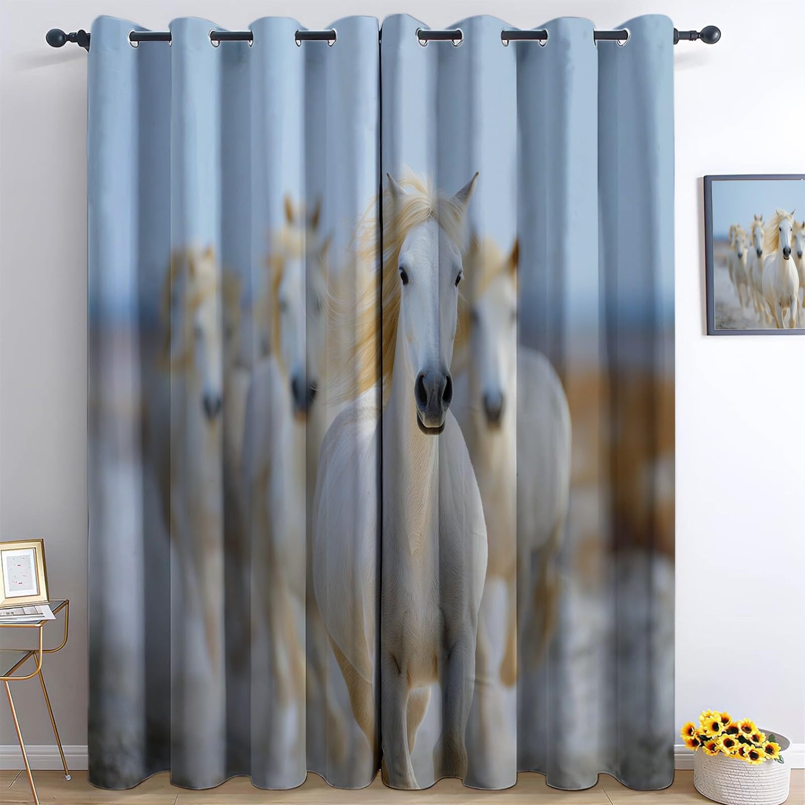 Blackout Curtain Animals Beach White Horse 46” W x 72” L (2 Panels), White Thermal Insulated Children Adults Window Drapes Energy Saving Eyelet Curtains for Living Room Bedroom Dining