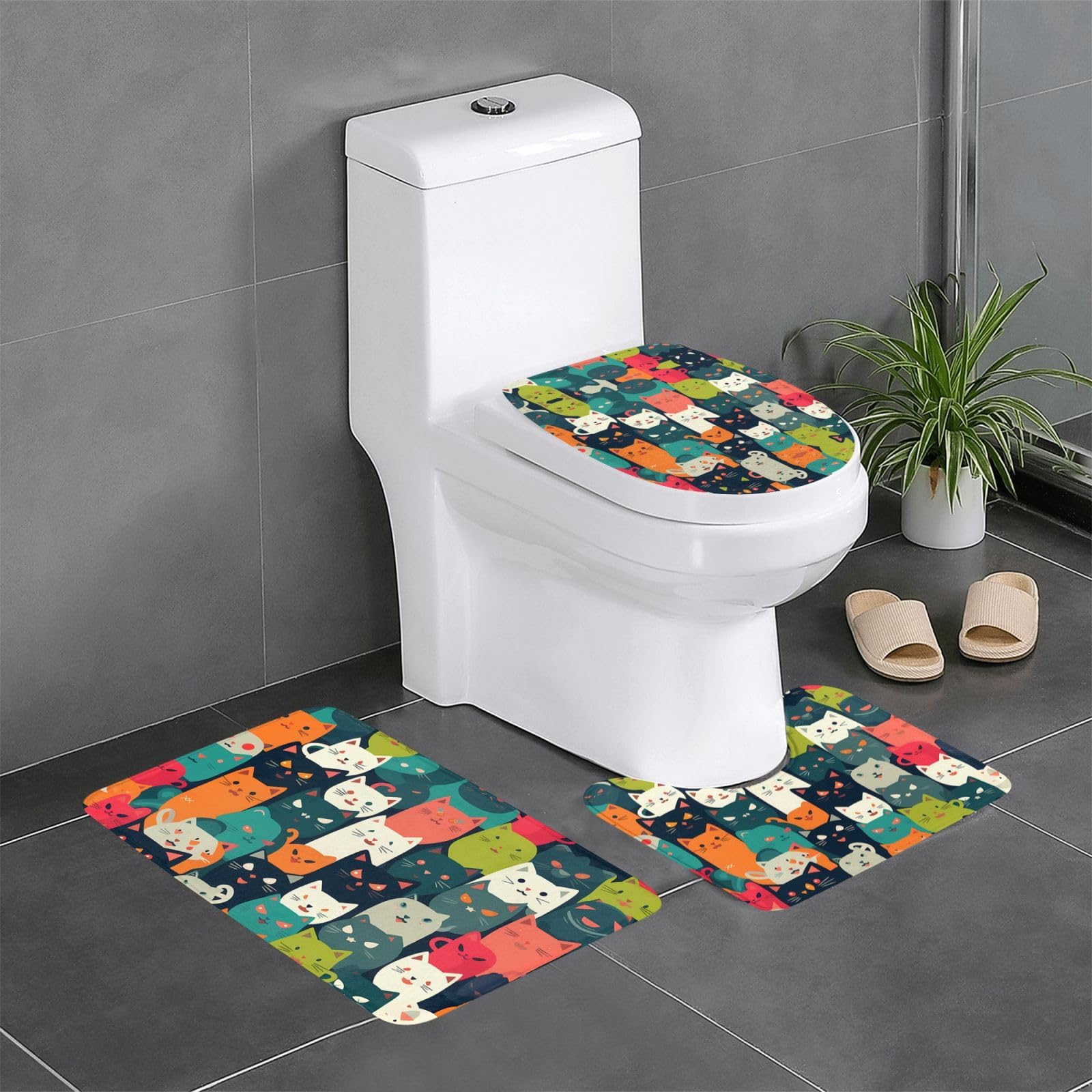 Tapis de salle de bain chaton antidérapant lot de 3 pour wc et coiffeuse